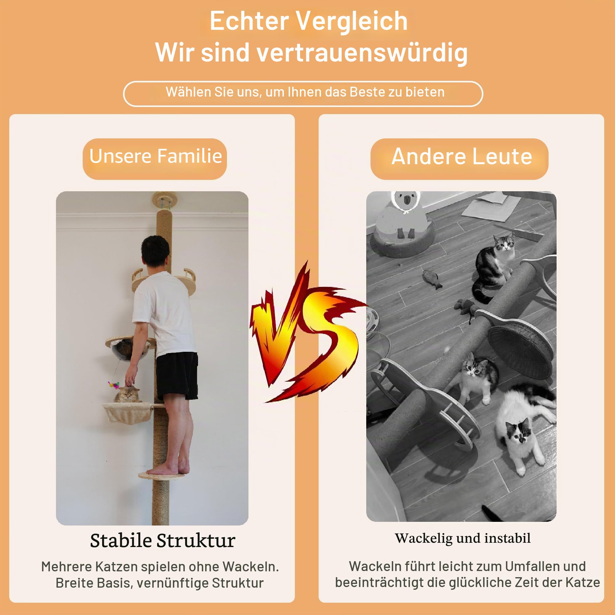 Verstellbarer Decken-Katzenbaum (125–300 cm) – 5 Etagen Katzenkratzbaum aus Hanf | Stabiler Aktivitätsbaum für Indoor & Outdoor Nutzung