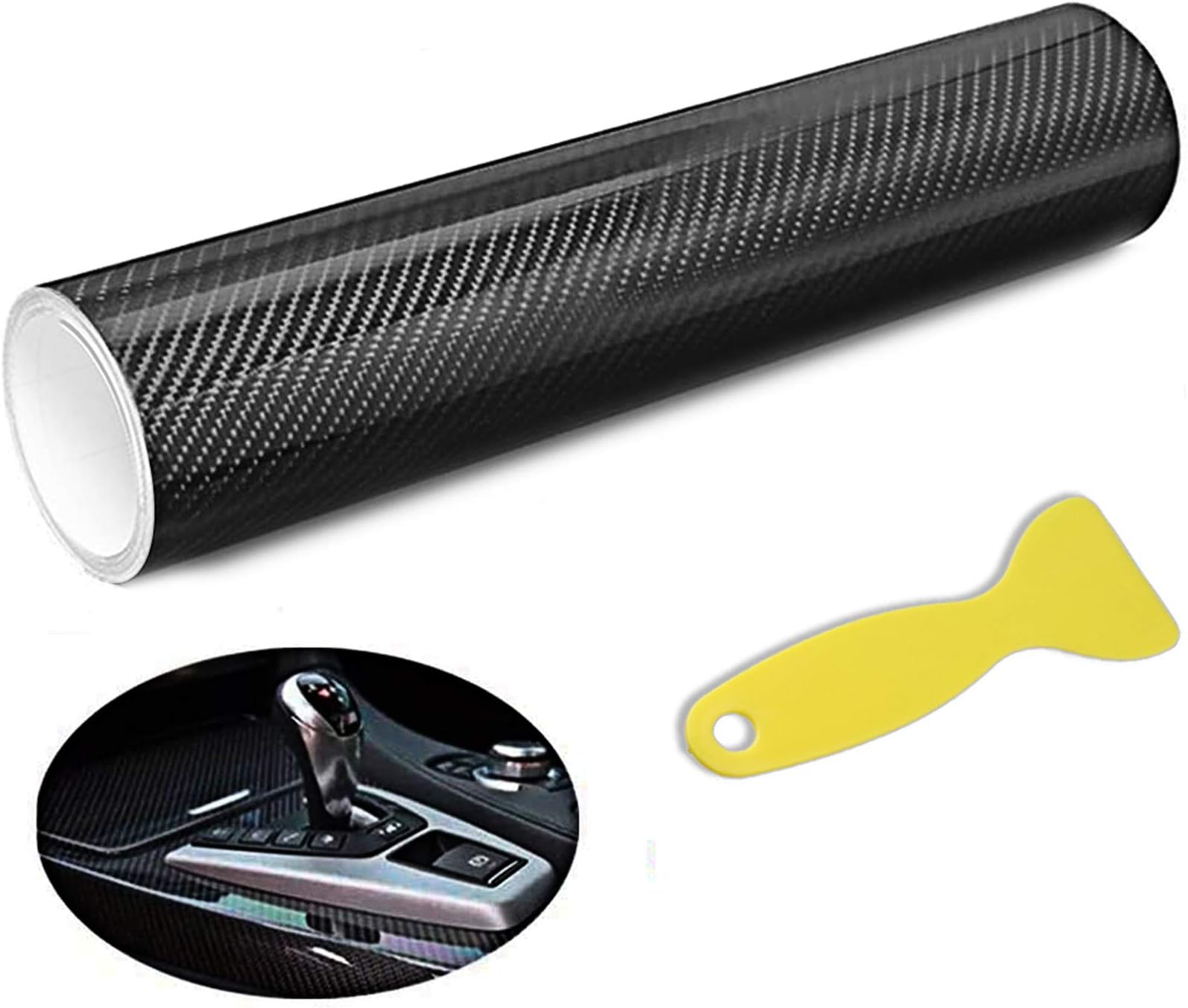 HQCM 6D Car Film, Self-Adhesive Vinyl Car Film, 300 x 30 cm, Waterproof, Flexible Carbon Film, Black with Plastic Scrapers