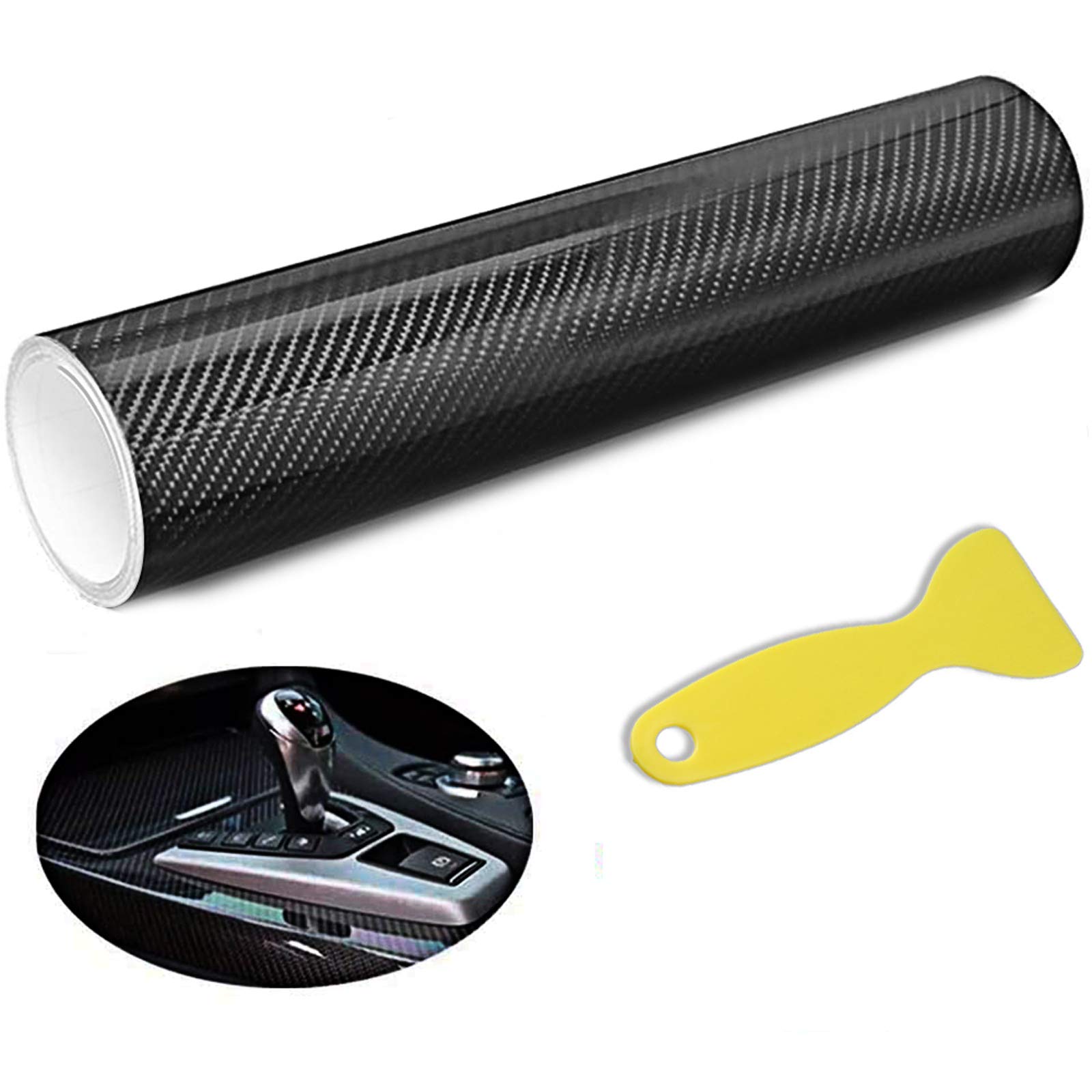 HQCM 6D Car Film, Self-Adhesive Vinyl Car Film, 300 x 30 cm, Waterproof, Flexible Carbon Film, Black with Plastic Scrapers