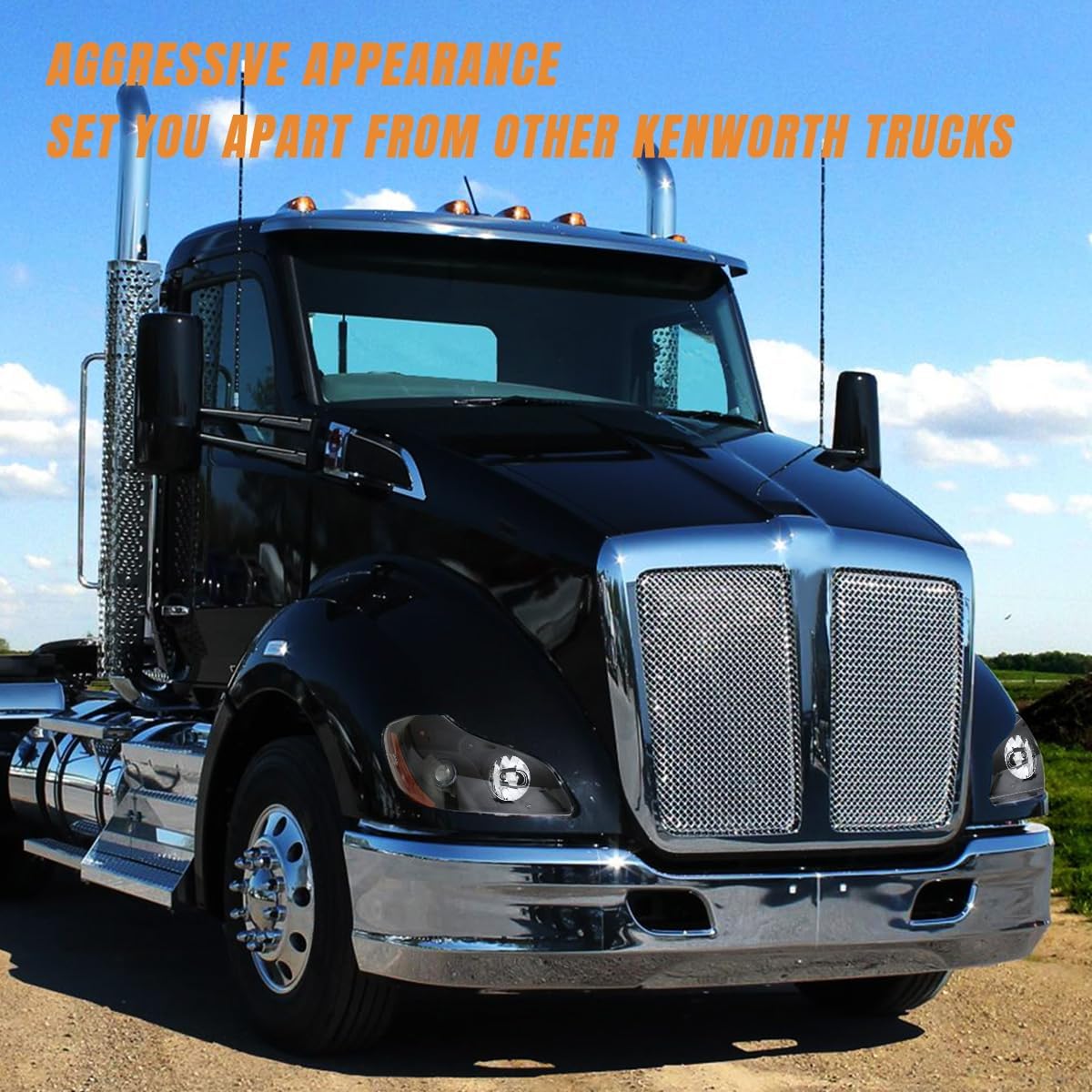 Black Kenworth T680 Headlights Headlamps 2013-2021 Replacement Passenger Right Side [Included All Bulbs] DOT SAE Approved Projector Low Beam Reflecting High Beam Headlights Assembly