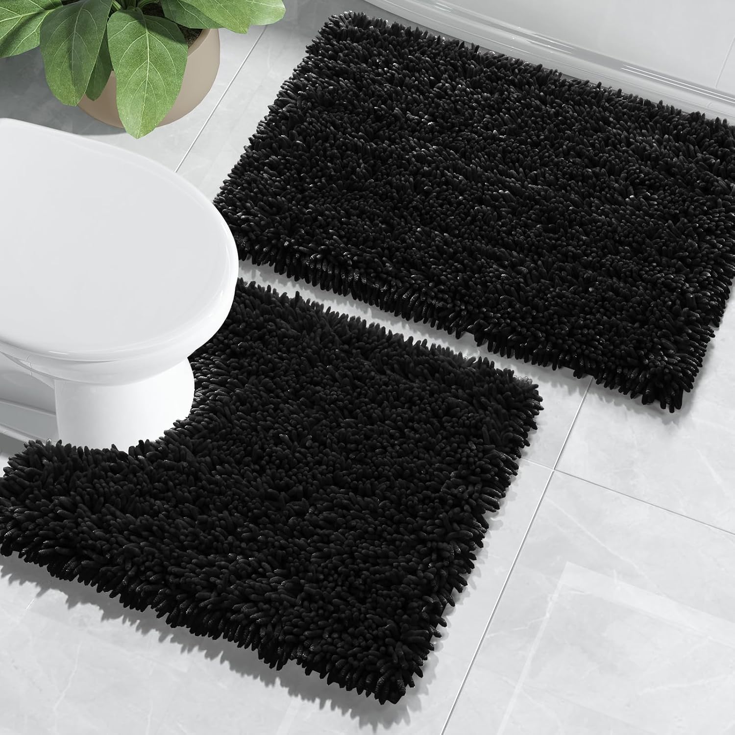 Yimobra Bathroom Rugs Sets 2 Piece, Soft Absorbent Bath Mat and U-Shaped Toilet Rug with Non Slip Backing, Luxury Shaggy Bath Mats for Bathroom, Machine Washable, 24"x17"+24"x20", Black