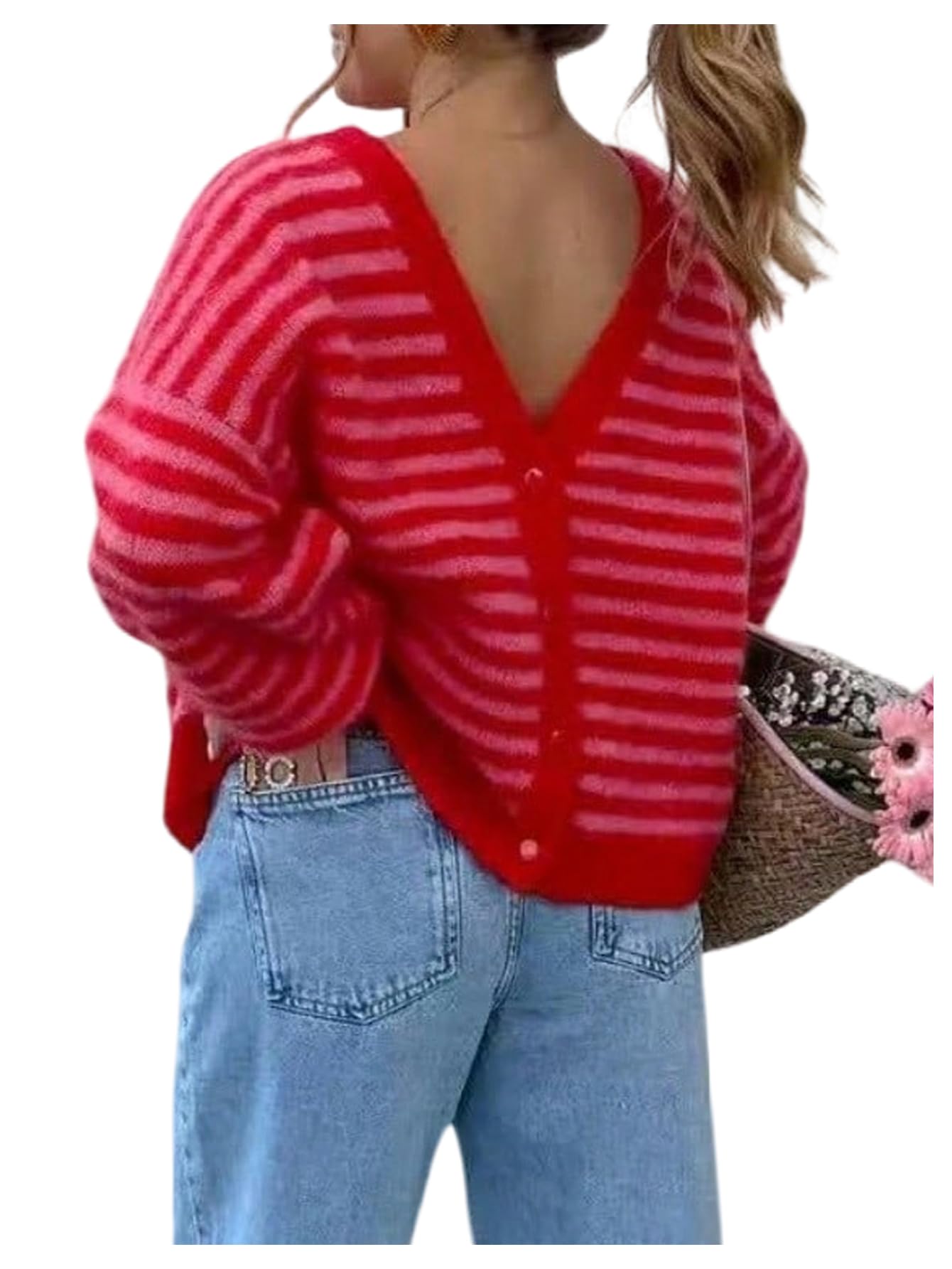 GORGLITTER Womens Striped Sweater Button Back Long Sleeve Crew Neck Chunky Knit Sweaters Pullover
