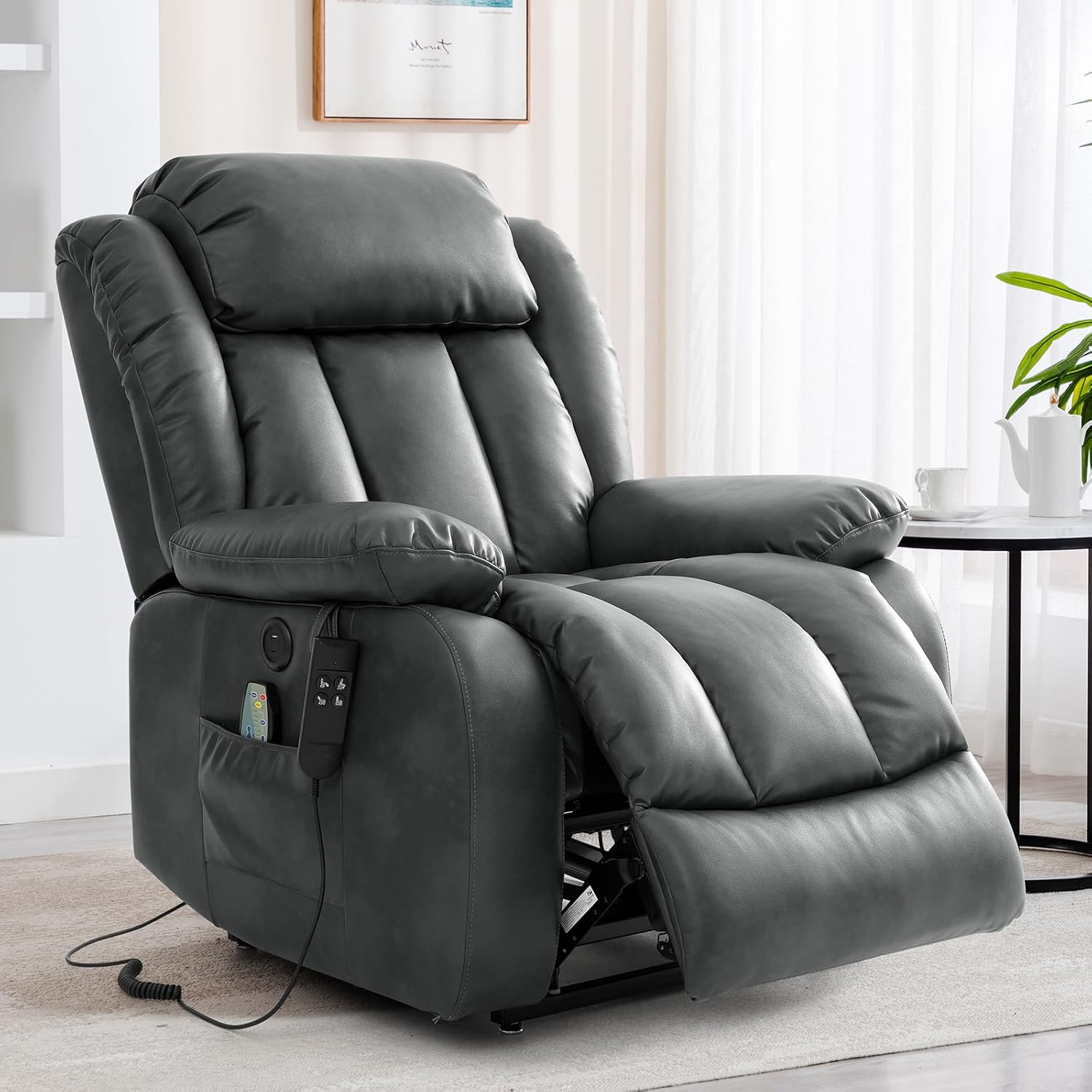 Dual Motor Large Power Lift Recliner Chair Recliners for Elderly, Infinite Position Recliner Chair with Heat and Massage, Breathable Leather(Gray)