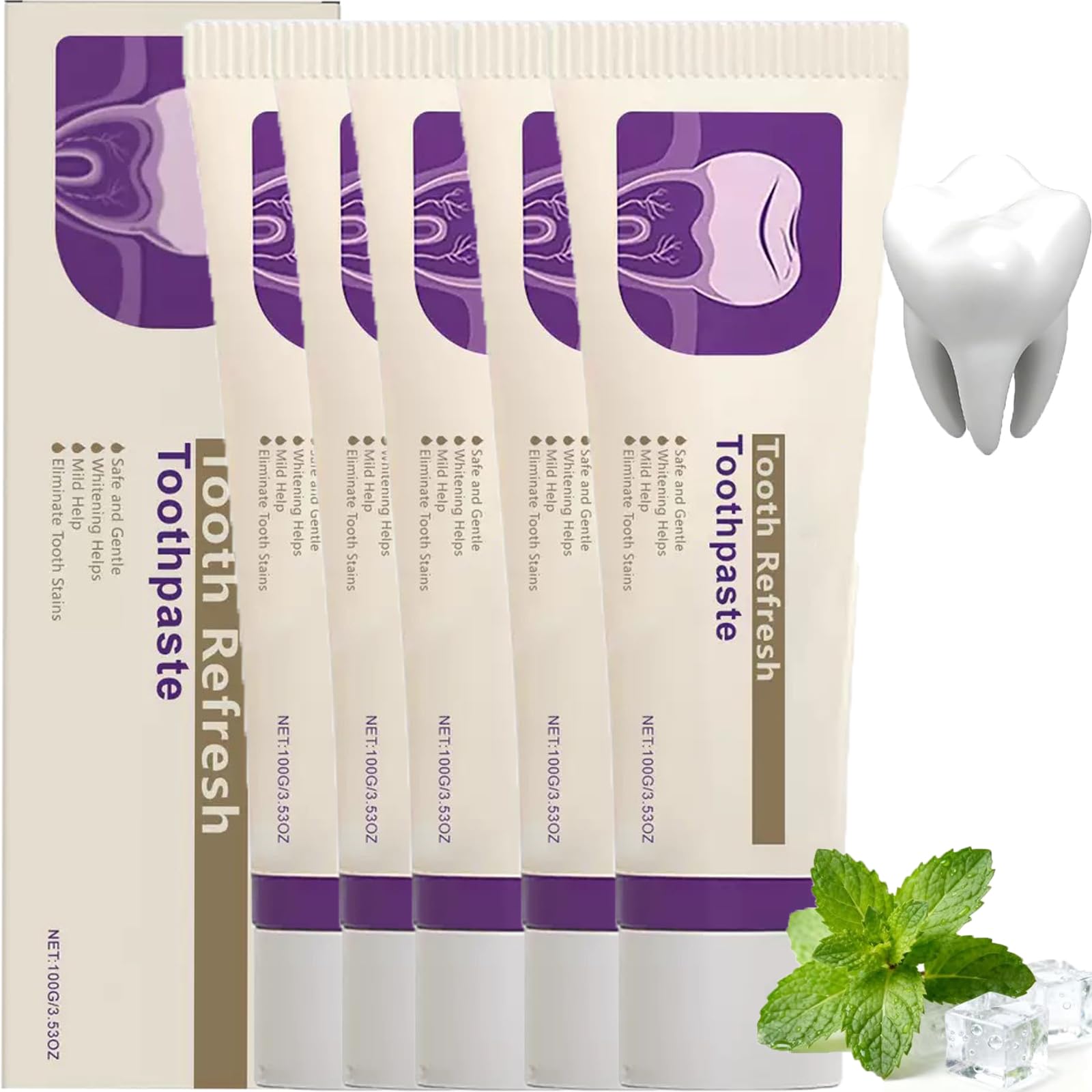 Dentifricio Tooth Refresh, dentifricio idrossiapatite con idrossiapatite, dentifricio sbiancante per denti sensibili, respiro fresco, uso quotidiano per la cura orale (5 pezzi)