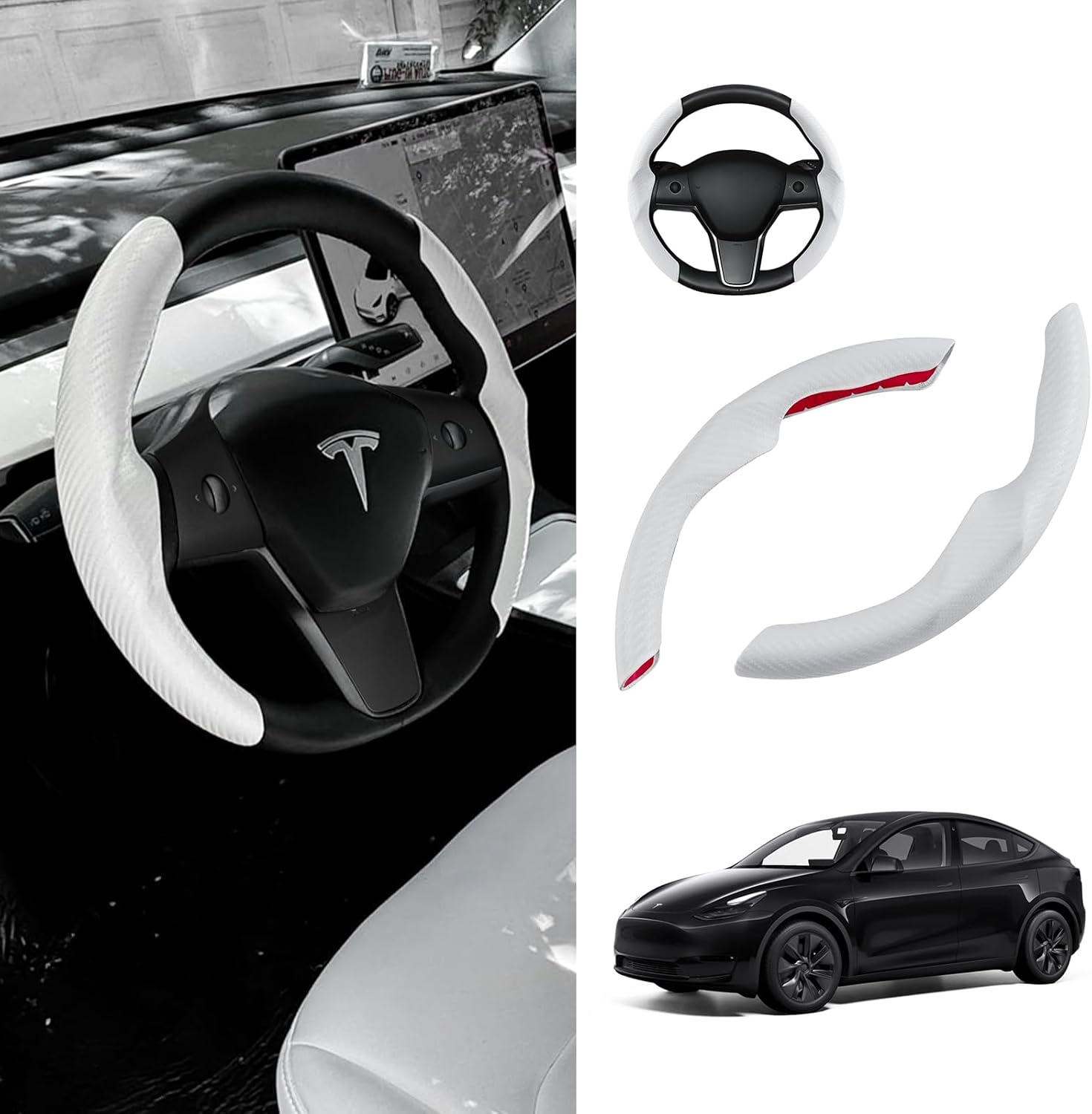 White Steering Wheel Cover for Tesla Model 3/Y 2016-2025 2026 Juniper/Highland | Non-Slip, Segmented, Custom-Fit, Carbon Fiber | Model Y Juniper Accessories | Model 3 Highland Accessories