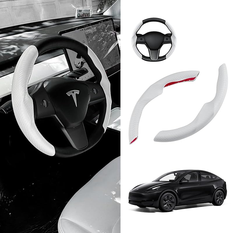 Capa para Volante Branca CARTIST para Tesla Model 3 Highland e Model Y Juniper 2017–2026 com Acabamento em Fibra de Carbono