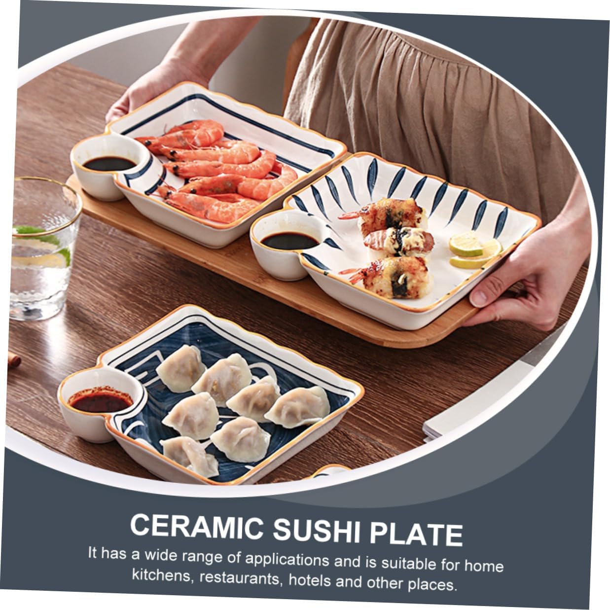 Ceramic Sushi Tray Set 4pcs Square Divider Plates with Dipping Sauce Sections, Japanese Style Appetizer and Snack Serving Plates for Home Dining Random Color