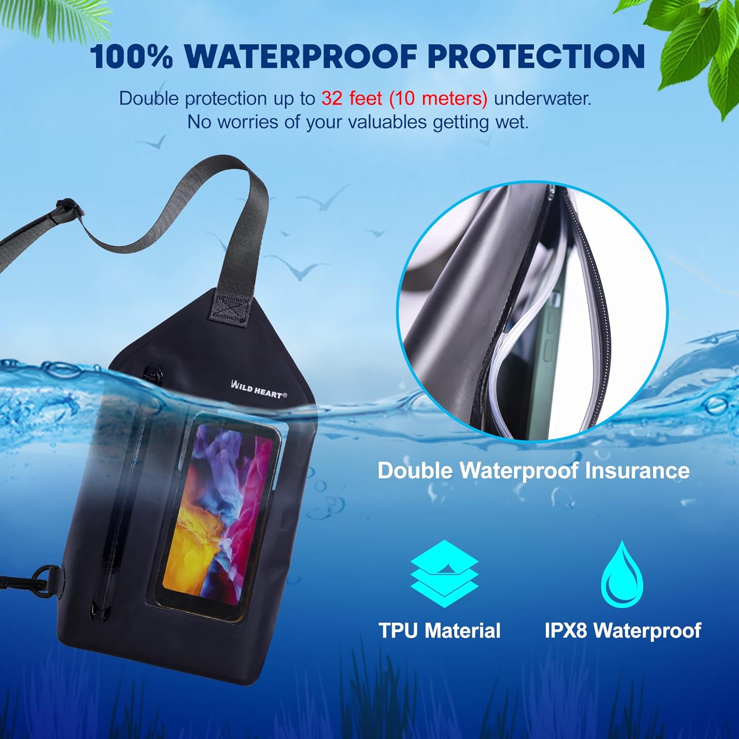 WILD HEART Waterproof Chest Sling Bag Pouch Fashion Diving Swimming Pool Beach Underwater Pouch Case Fully Waterproof Sea Fishing Diving Large Capacity Lightweight Bag