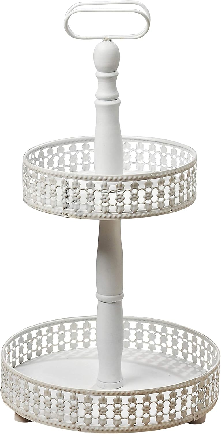 Creative Product WHW Whole House Worlds Emilia Double Tiered Etagere Server Stand, Rustic White, Circular Cake Display, Distressed Finish, Vintage Style, 19 Inches Tall, Wood and Metal