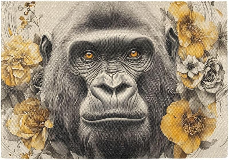Gorilla Flower Burlap Placemats 6-Pack Non-Slip | Faux linen texture, Non-slip backing, Reversible print, 6-pack 12x18in, Machine washable, Stain-resistant, Daily dining