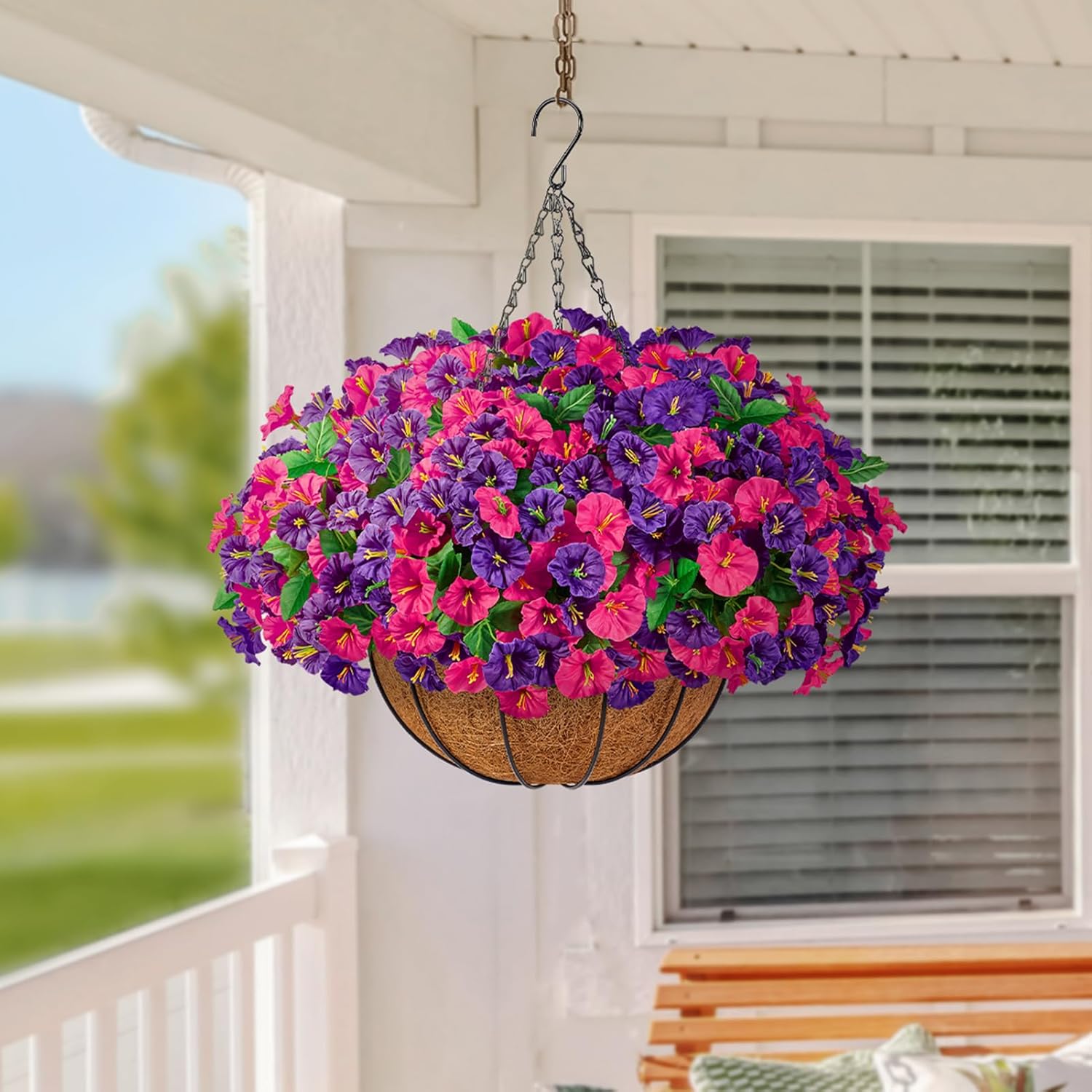 TTQ Set of 2 Artificial Hanging Flower Baskets for Outdoor Decor, 16 Bundles Faux Silk Morning Glory Flowers with 2 Hanging Baskets for Porch Patio Balcony Garden Spring Summer Decoration