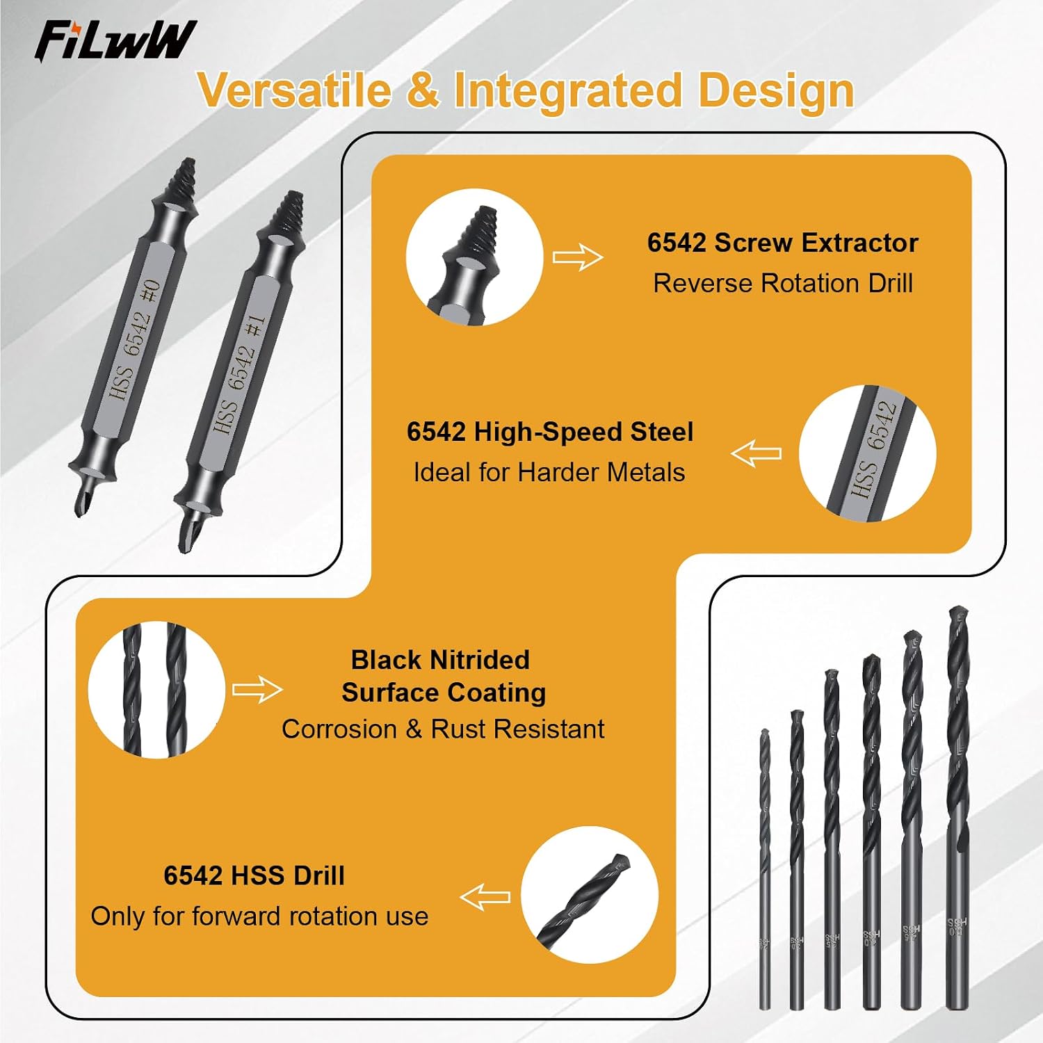 6 Pcs HSS 6542 Damaged Screw Extractor with 6 Pcs HSS 6542 Cobalt Drill Bit Set, Remover for Stripped Head Screws Nuts & Bolts Drill Bit Tools, Gifts for Men（Nitrided Black