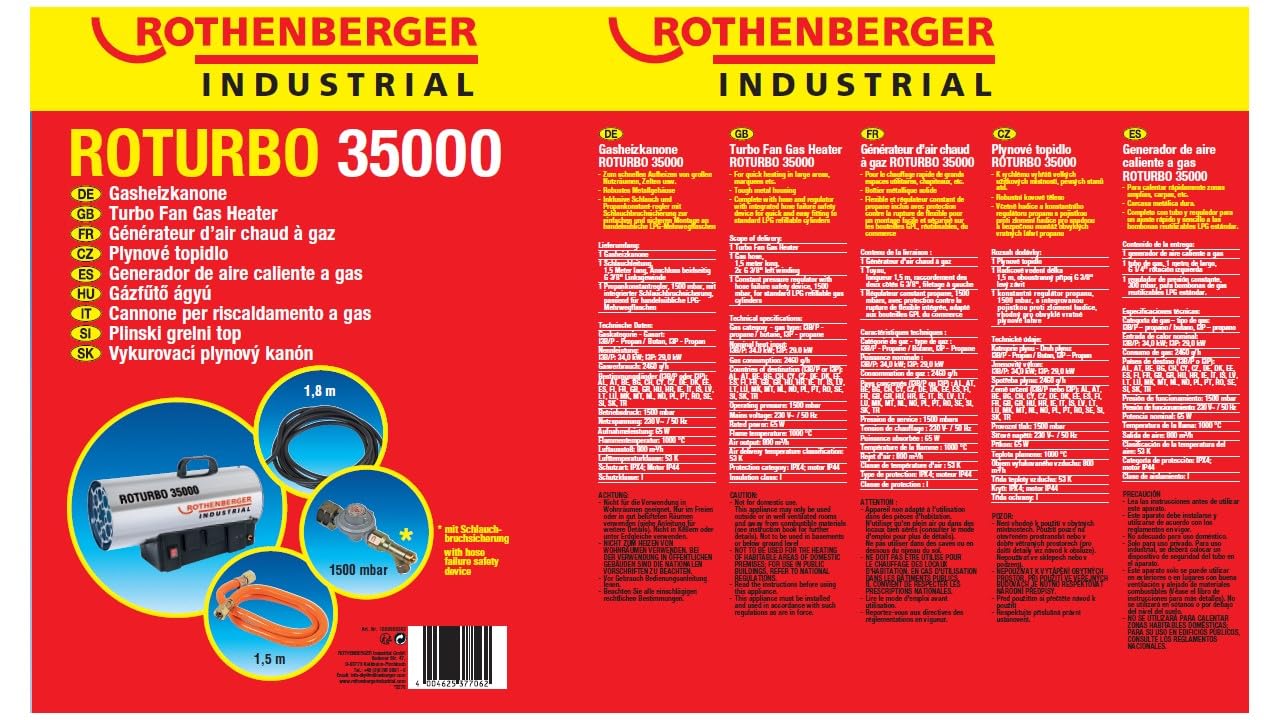 Rothenberger Industrial RoTurbo 35000 Gas-Heizkanone 34,0 kW inkl. Piezo-Zündung, Schlauch & Schlauchbruchsicherung