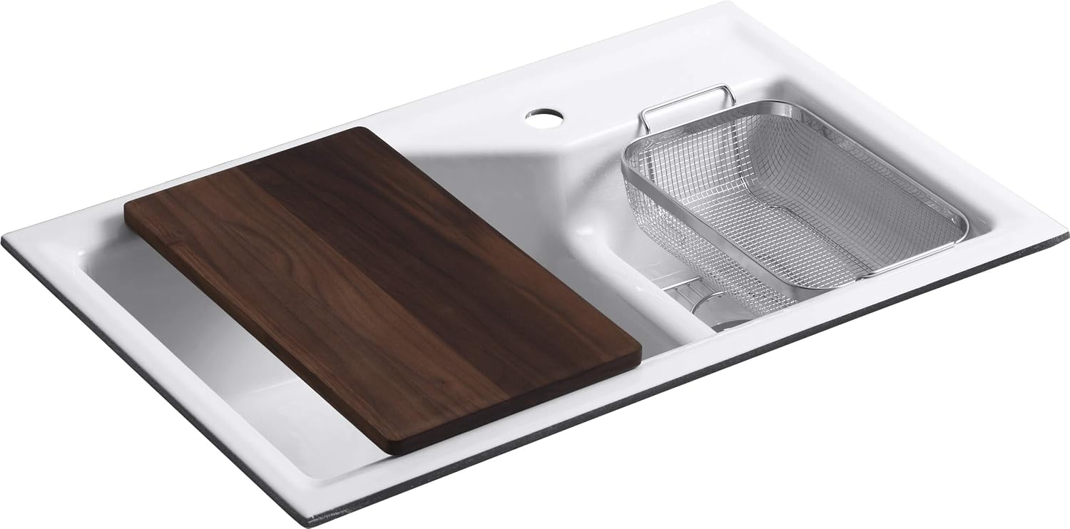 Kohler K-6411-1-0 Indio Undercounter Double Offset Basin Kitchen Sink with Single-Hole Faucet Drilling, White