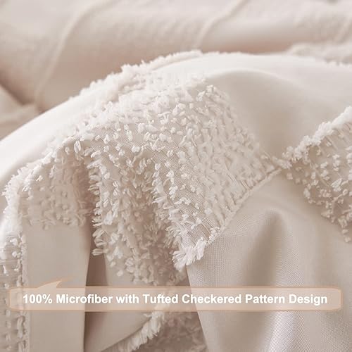 Miniatura 8 de PERFEMET Juego de edredón bohemio de 3 piezas de color beige claro, juego de ropa de cama de granja copetudo a cuadros, tamaño Queen, juego de ropa