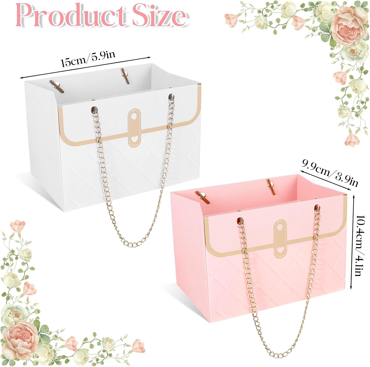 4 Pcs Flower Paper Gift Box Bouquet Storage Bucket, Flower Boxes Wedding Florist Handbag with Metal Chain, Floral Craft Wrap Bag for Arrangements Valentine's Day Birthday Mother's Day (Pink White) - Image 2