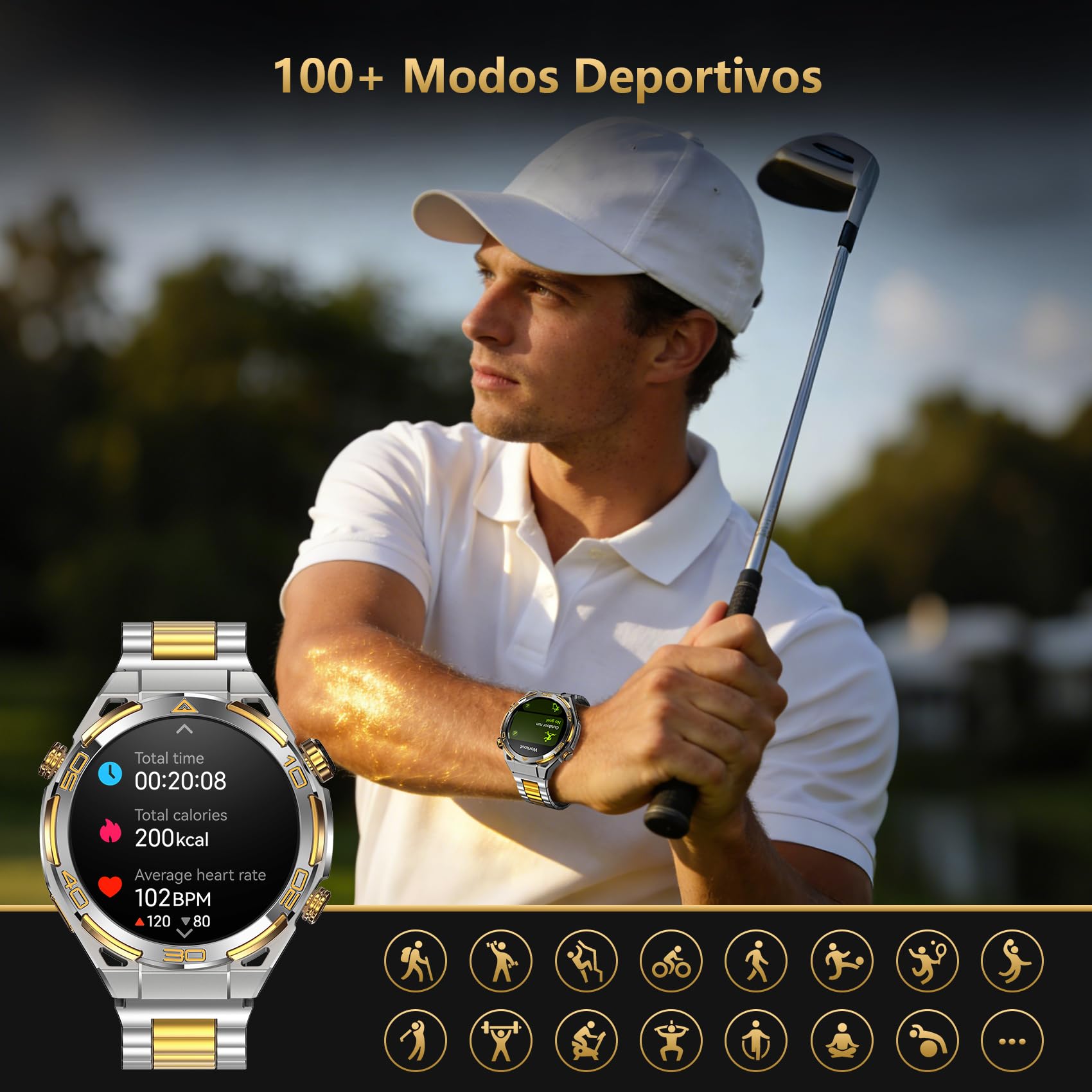 IOWODO Reloj Inteligente Hombre con GPS, Smartwatch 1.43" AMOLED con Llamadas Bluetooth, Chapado 14K, Linterna y Brújula, 20 Días Batería, Monitor Salud, 327 Esferas,100+ Deportes, IP68, 2 Correas