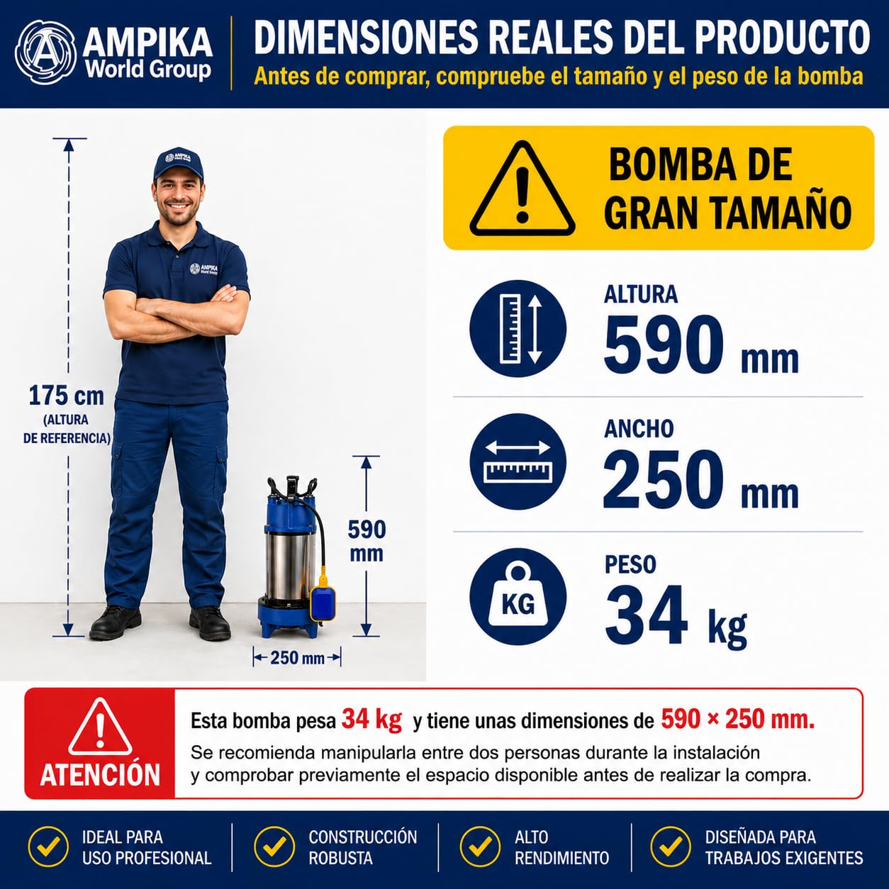 Ampika QW-1801DF Bomba Sumergible Trituradora 1800W 21000 L/h | Con triturador de alta eficiencia y flotador automático