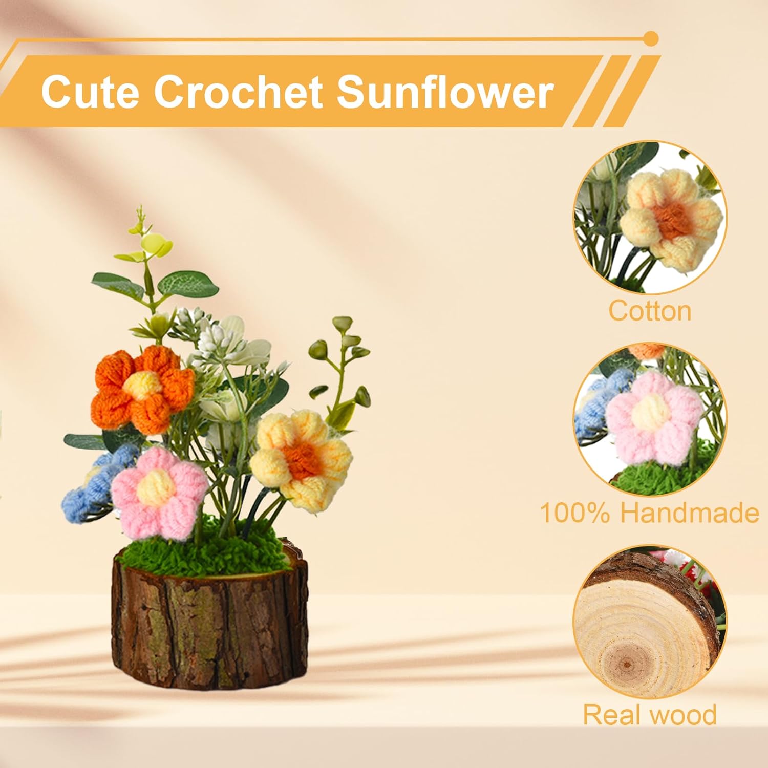 Handmade Crochet Flowers for Women Office Desk Decor,Cute Crocheted Puff Flowers Bouquet with Wooden Base Gifts for Mom, Coworkers, Positive Knitted Flower for Valentine's Day Home Decor - Image 4