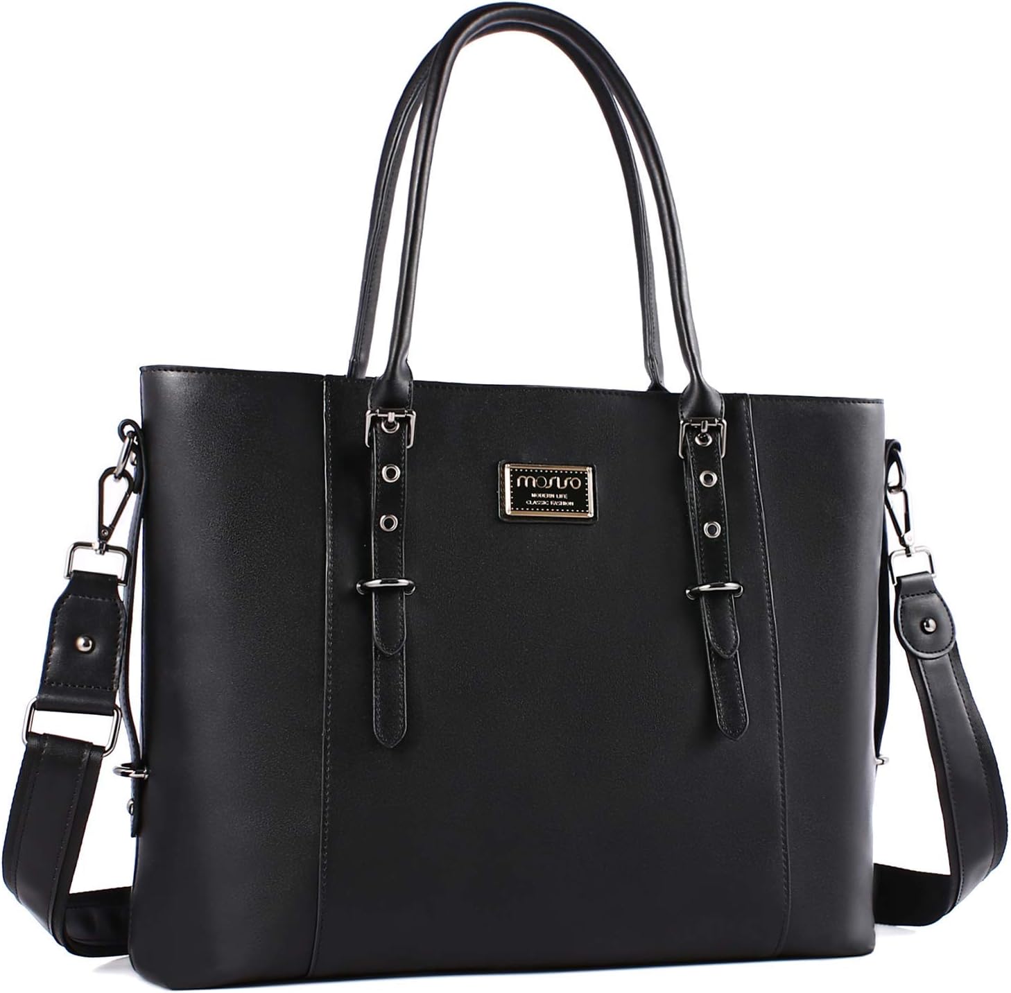 MOSISO Laptop Bag for Women, 15.6 inch Waterproof Vintage PU Leather Briefcase Shoulder Computer Laptop Tote Bag for Office Work, Black