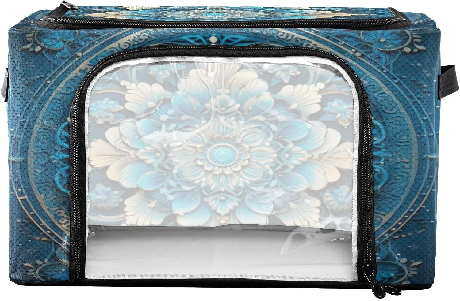 Flower Mandala Blue Clothes Storage, Foldable Closet Organizers and Storage, Bed Sheet Organizer and Storage with Lids & Clear Windows Metal Frame, and Sturdy Handles 32L