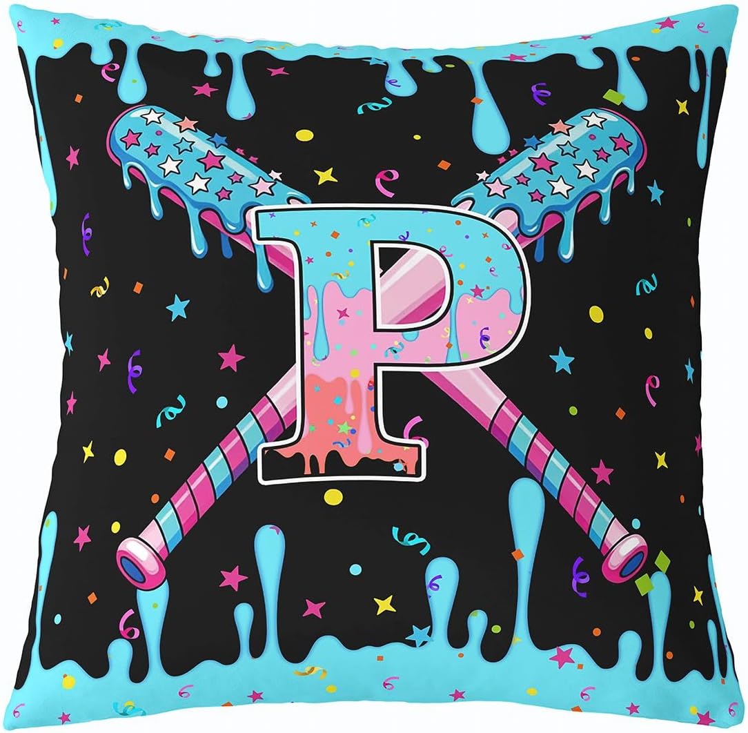 jejeloiu 18 x 18-Inch Set of 4 Baseball Decor Pillowcase Boys Girls Baseball Gaming Throw Pillow Covers for Kids Ultra Personalized Initial Letter P Cushion Case Sports Theme Room Decor Microfiber