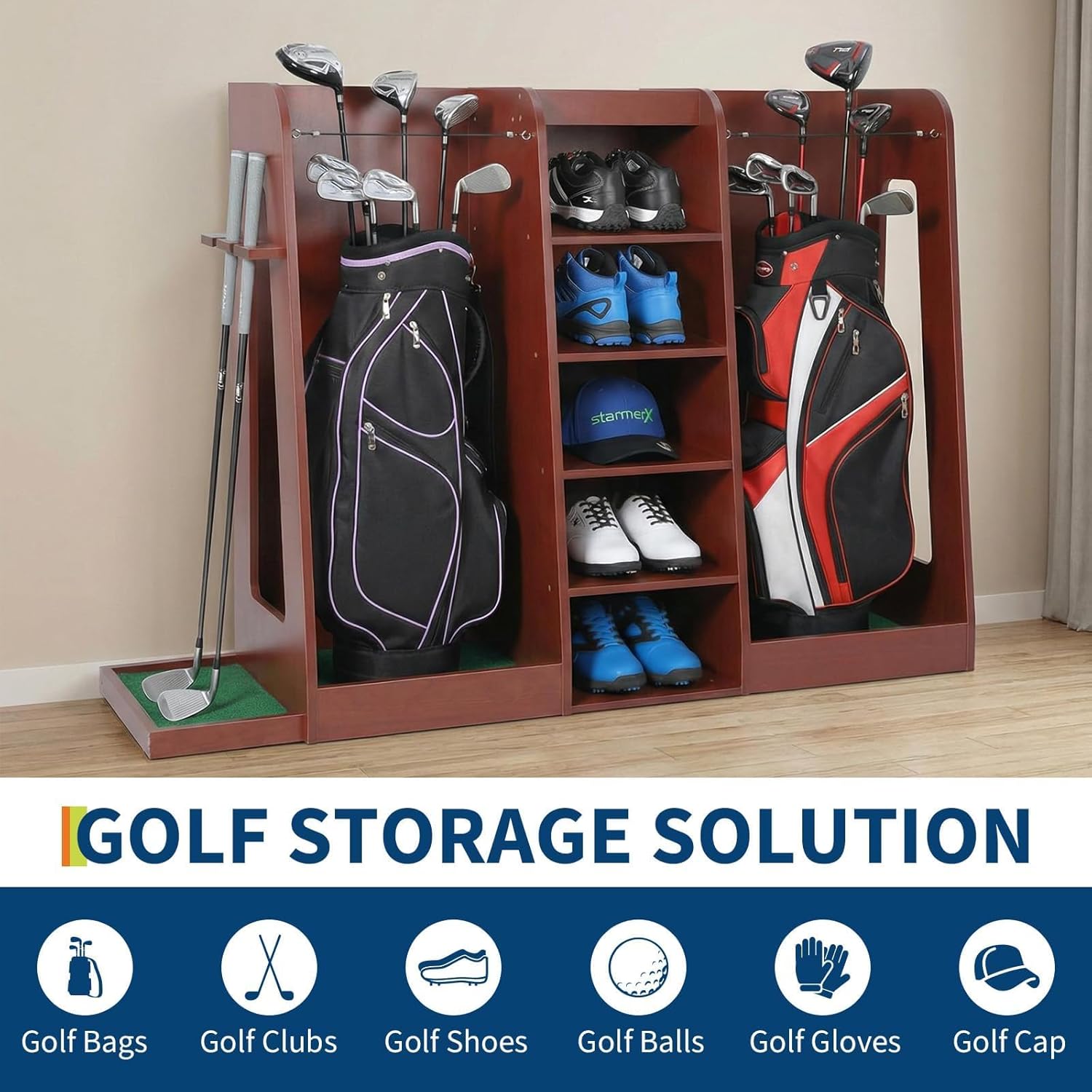 Golf Bag Storage and Organizer Rack, Wooden Golf Club Holder Rack, 2 Golf Bags Capacity, Premium Golfing Accessories Storage for Garage, Basement, Easy to Assemble, Ideal Golf Equipment Organizer