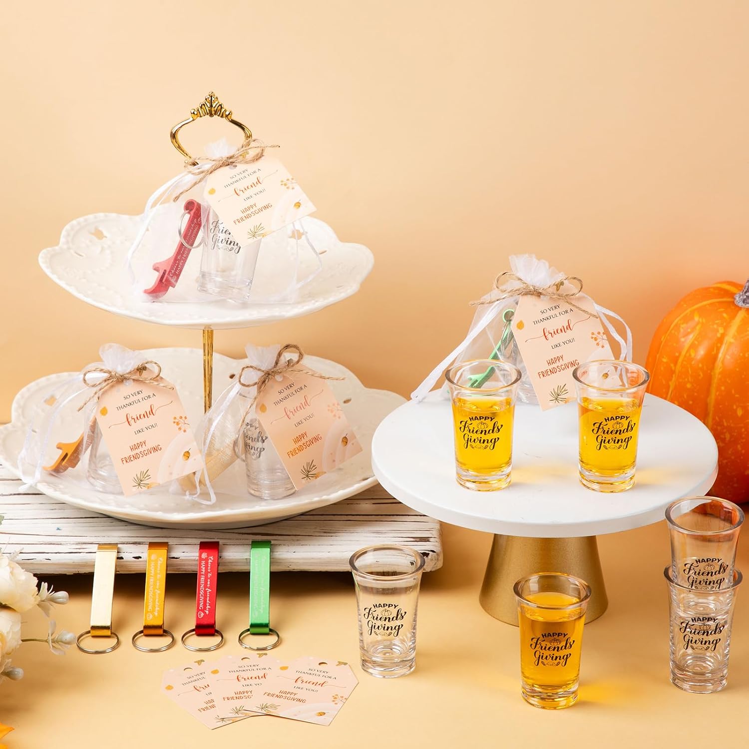 Roshtia 30 Sets Friendsgiving Party Favors Bulk Thanksgiving Shot Glasses Fall Bottle Openers with Thank You Cards Bags Friendsgiving Gift for Guests Friends Happy Holiday Party Supplies