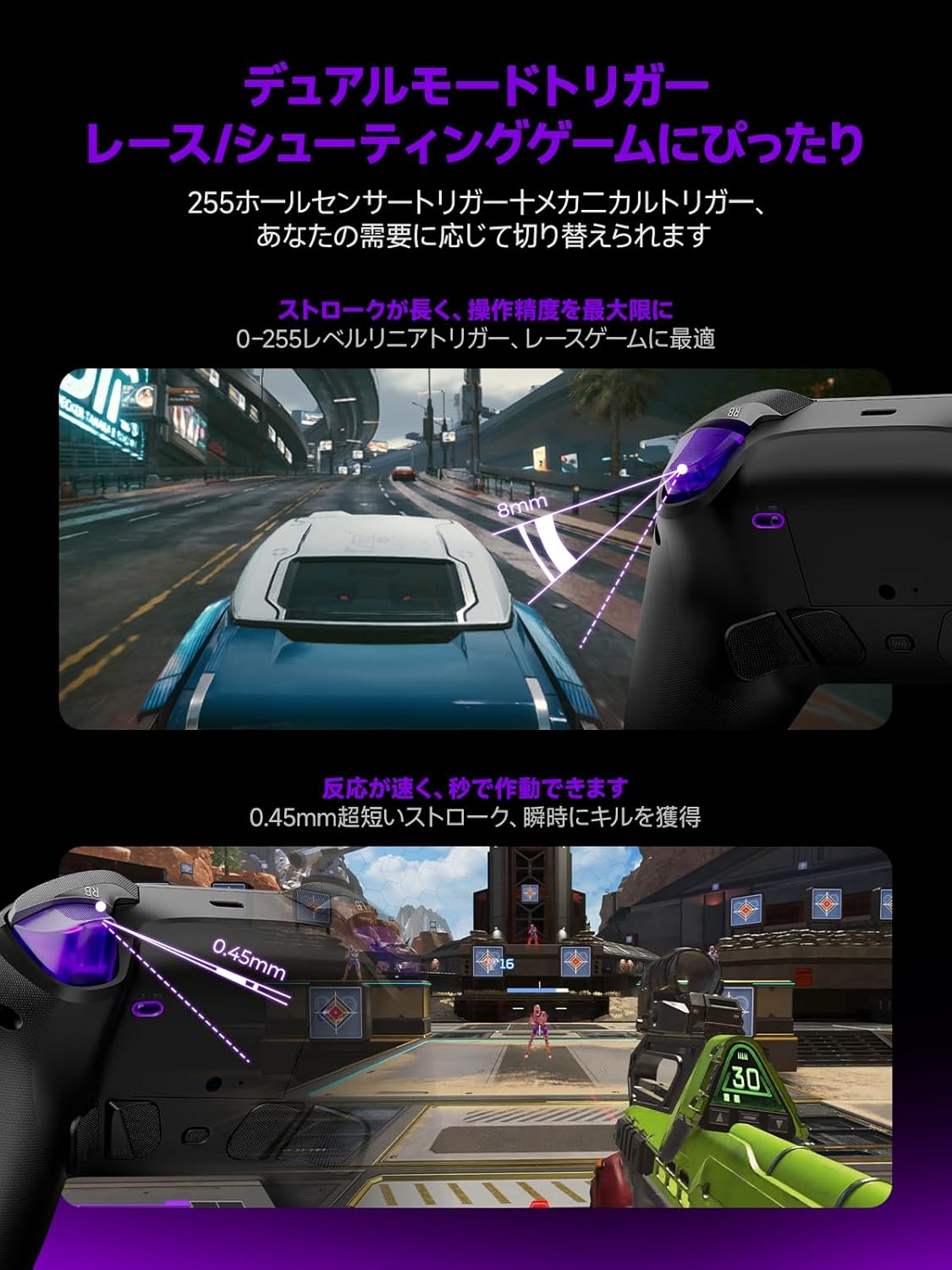 Leadjoy Xeno Plus Game Controller showing dual trigger modes for racing and shooting games