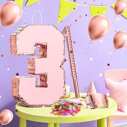 Miniatura 7 de Piñata con número de piñata de oro rosa con palo, confeti de princesa para niñas, fiesta de cumpleaños, aniversario, celebración, suministros de