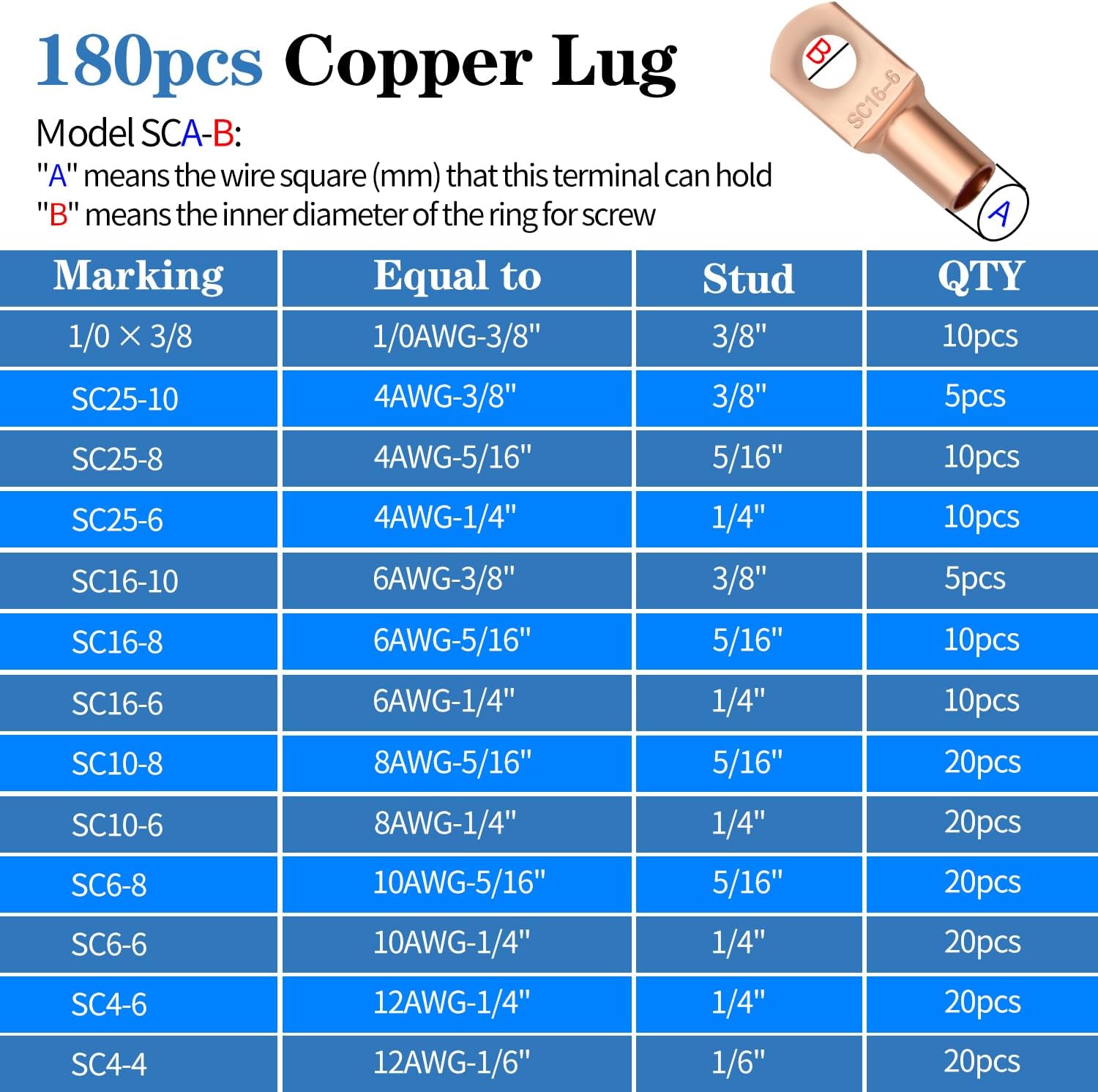 Cable Lug Crimping Tool with 180pcs Copper Wire Lugs, 210pcs Dual Wall Adhesive Heat Shrink Tubing, Wire Crimping Tool for AWG 10-1/0 Electrical Lug Crimper