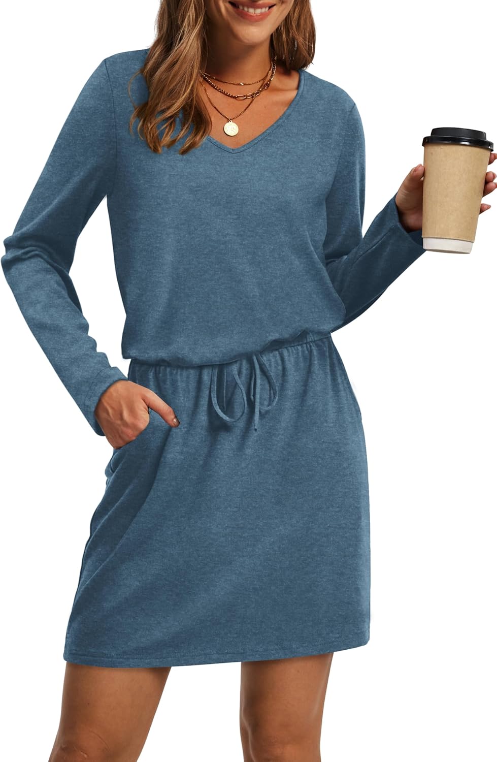 Womens fall dresses loose Vneck long sleeve casual sundresses