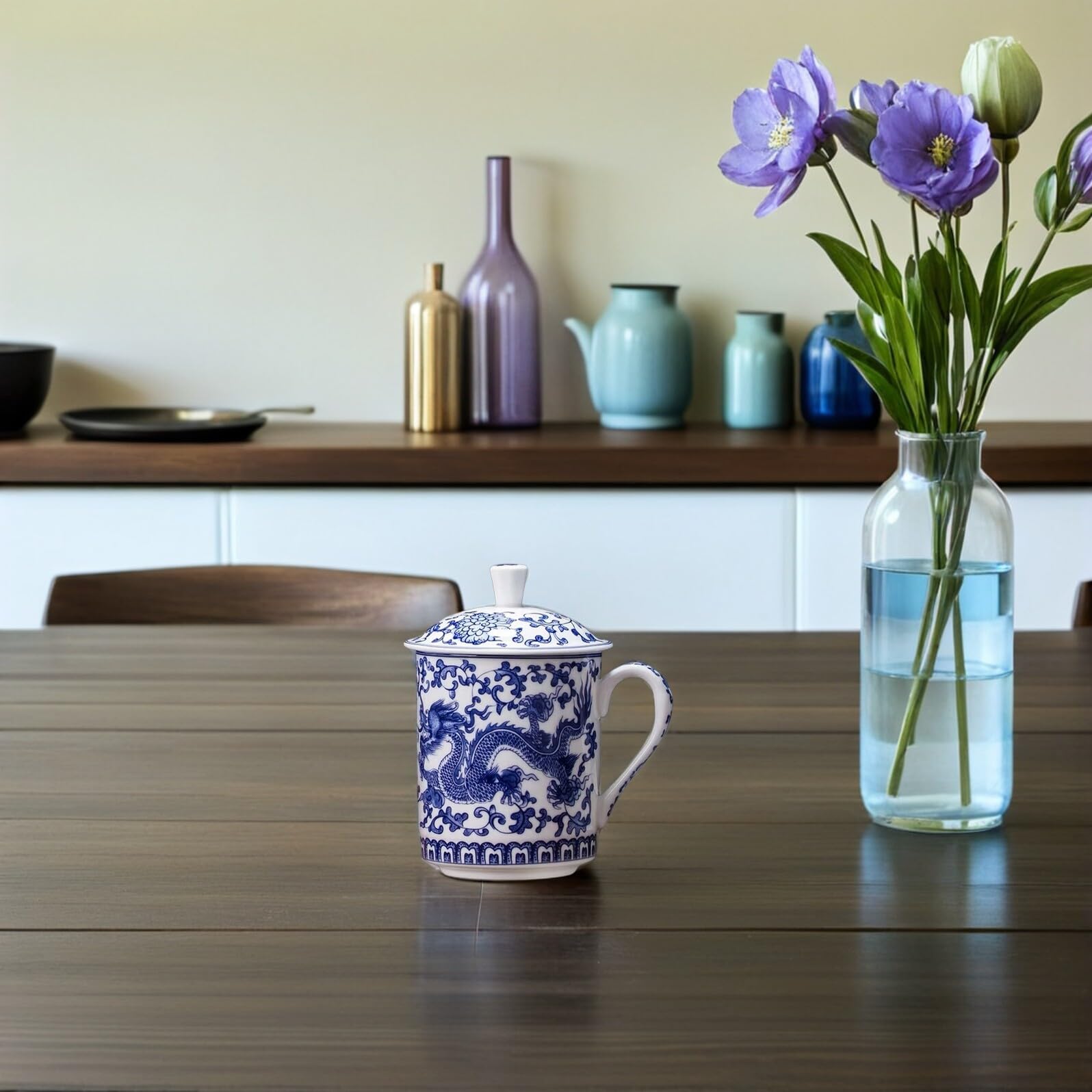 Gatuida Taza de Azul y con Tapa Diseño Retro Gran Capacidad para Café y Té Multipropósito para Hogar y Oficina