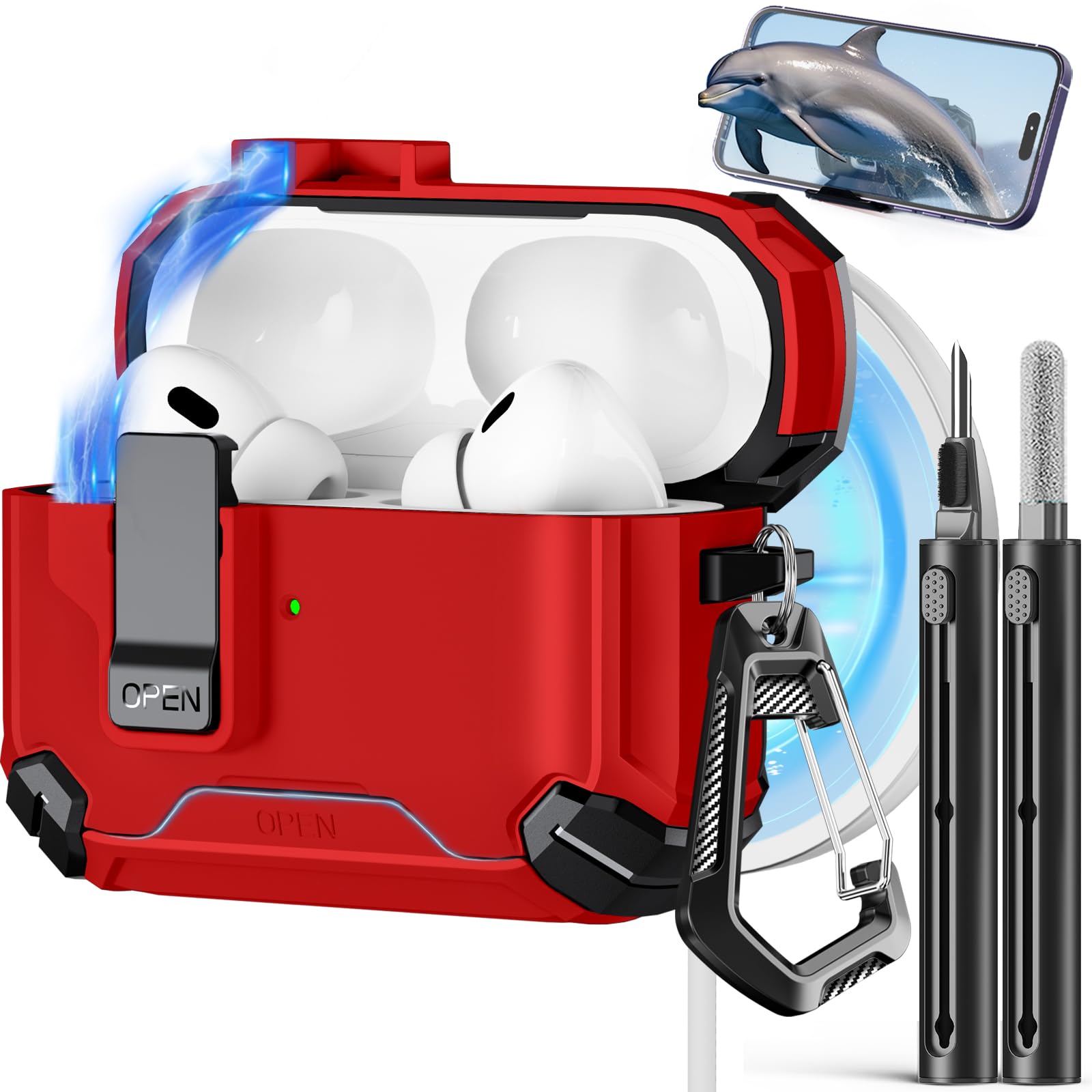 Pohgelan Compatible with AirPods Pro 2nd/1st Case,Magnetic Automatic Lock with Phone Stand & Cleaning Kit,Compatible with Magsafe Cover -Dark RED