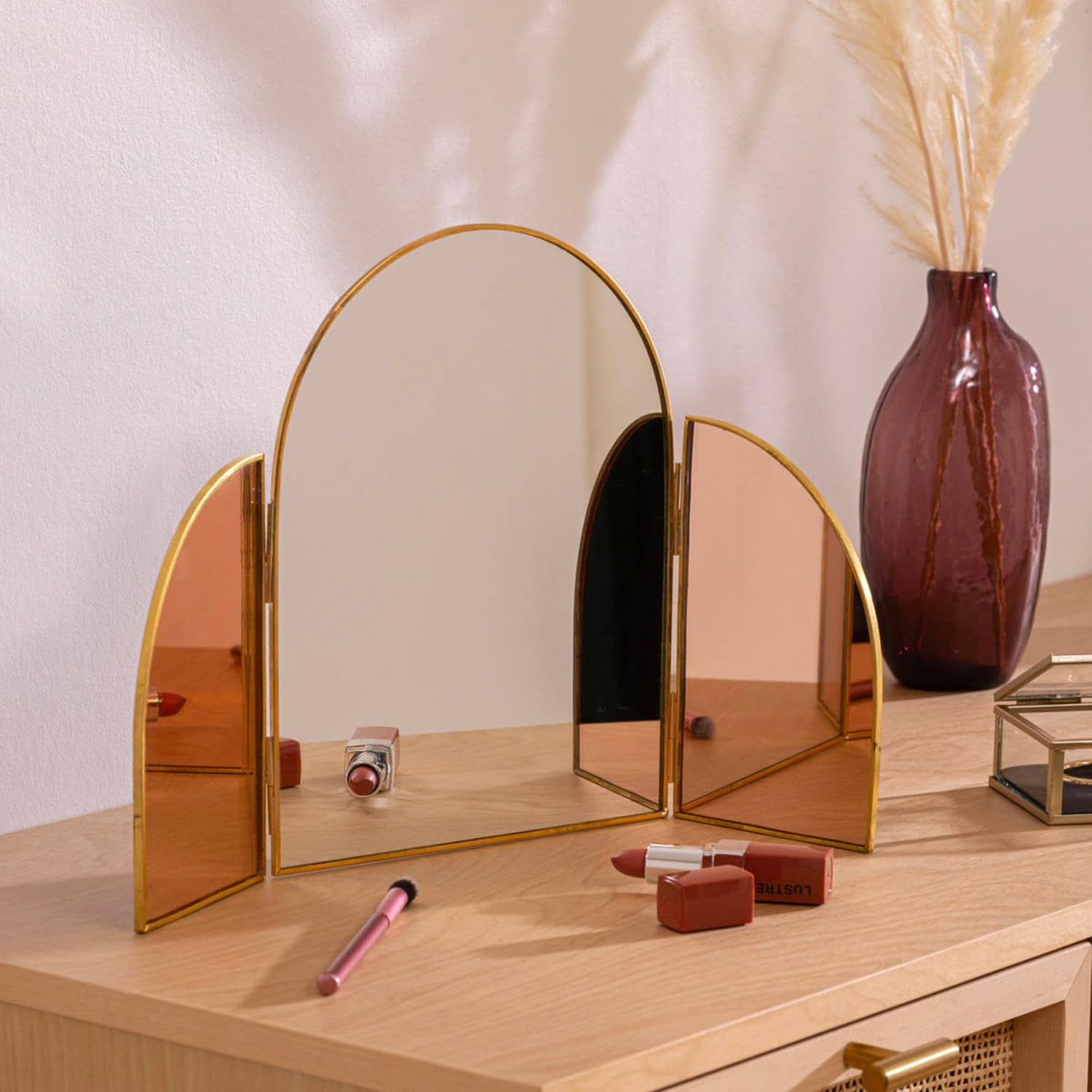 AKOAK Treibsand-Spiegel – Doppelseitig, Faltbar, Kompakt & Perfekt Für Handtasche (ca. 7 Cm, Lila, Gold)