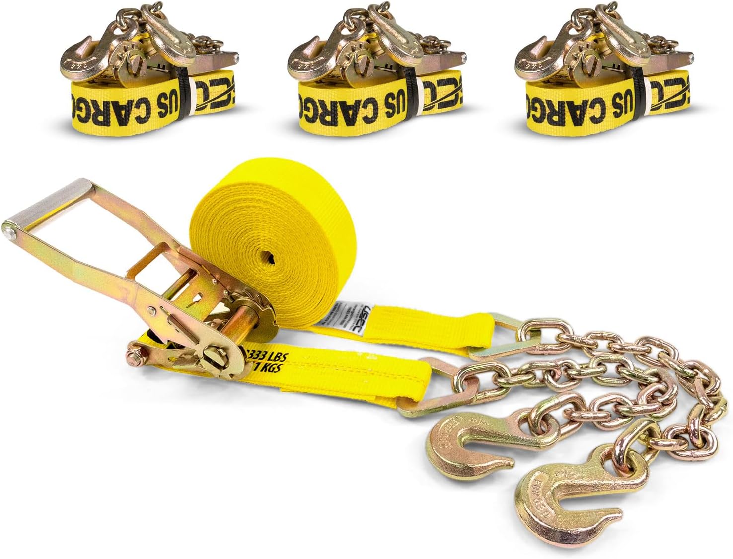 US Cargo Control, Ratchet Straps with Chain Extension, 2 Inch Wide X 30 Foot Long, Ratchet Straps Chain End, Heavy Equipment Ratchet Straps, Commercial Ratchet Straps, Chain Tiedowns 4 Pack