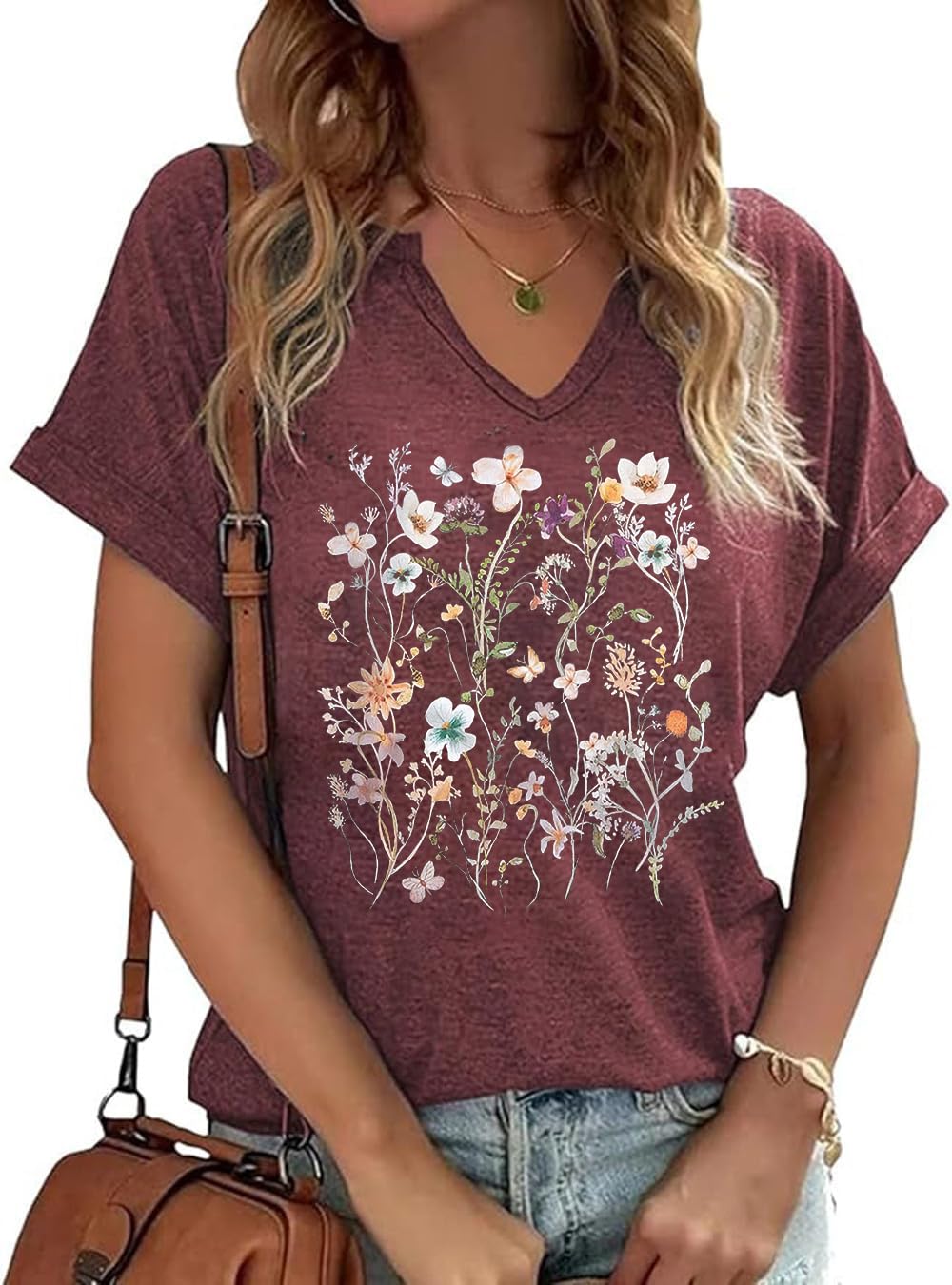PUCKOLITY Vintage Flowers V Neck Shirt for Women Boho Floral Wildflowers Graphic Tee Casual Cottagecore Summer T Shirt