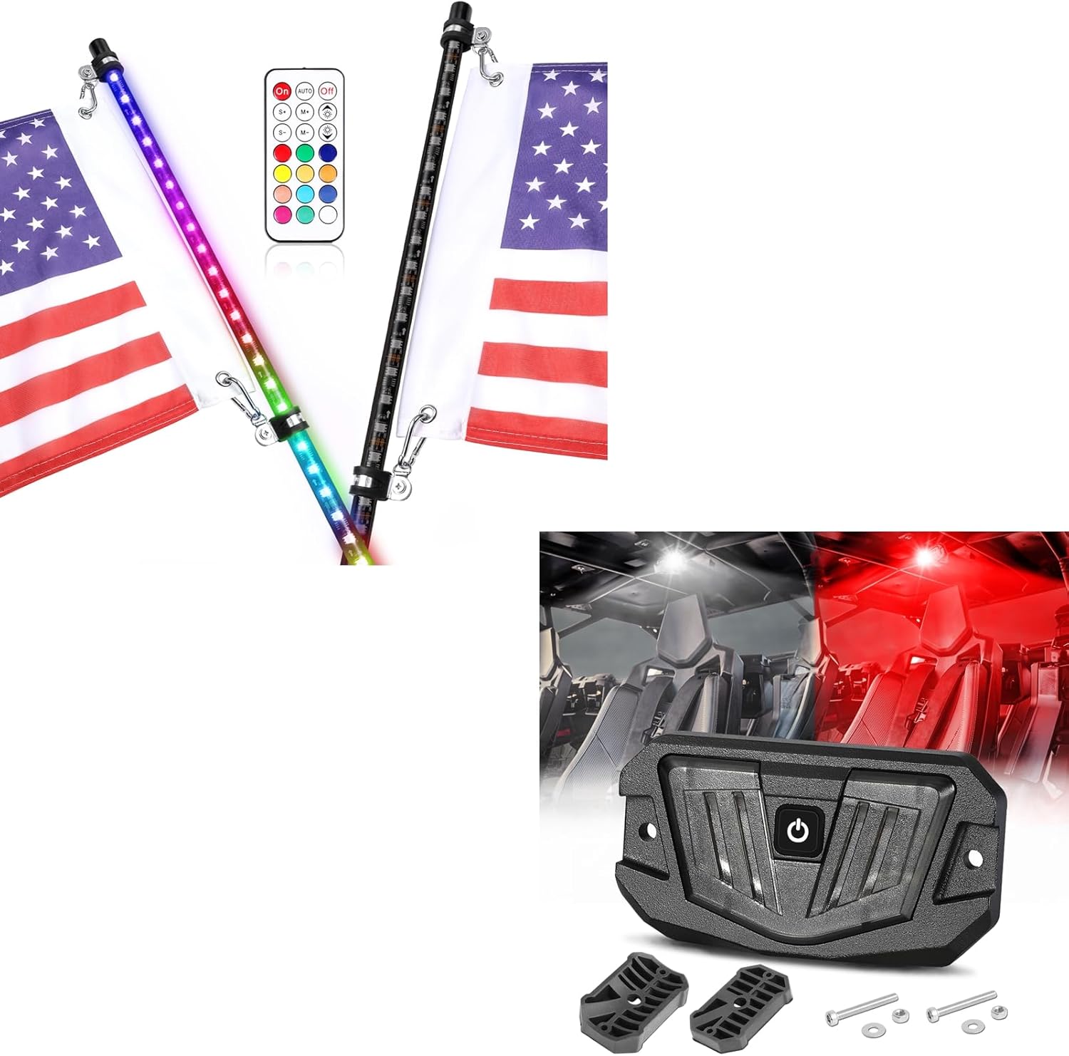 Niwaker 3FT LED Whip Light with Universal UTV Interior Dome Light - Red & White