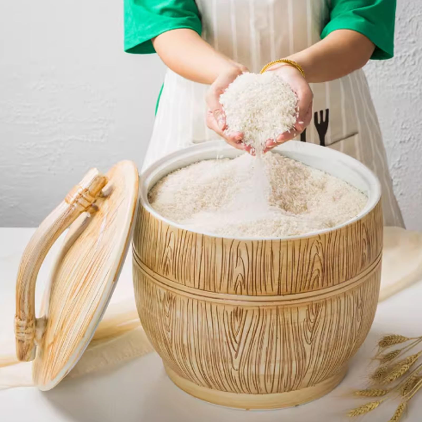 Secchio per Riso ermetico Contenitore per Riso con Coperchio Contenitori per Alimenti in Ceramica Cilindro per Riso in Ceramica con Coperchio Barattolo Cinese Decorativo in Ceramica(15kg)