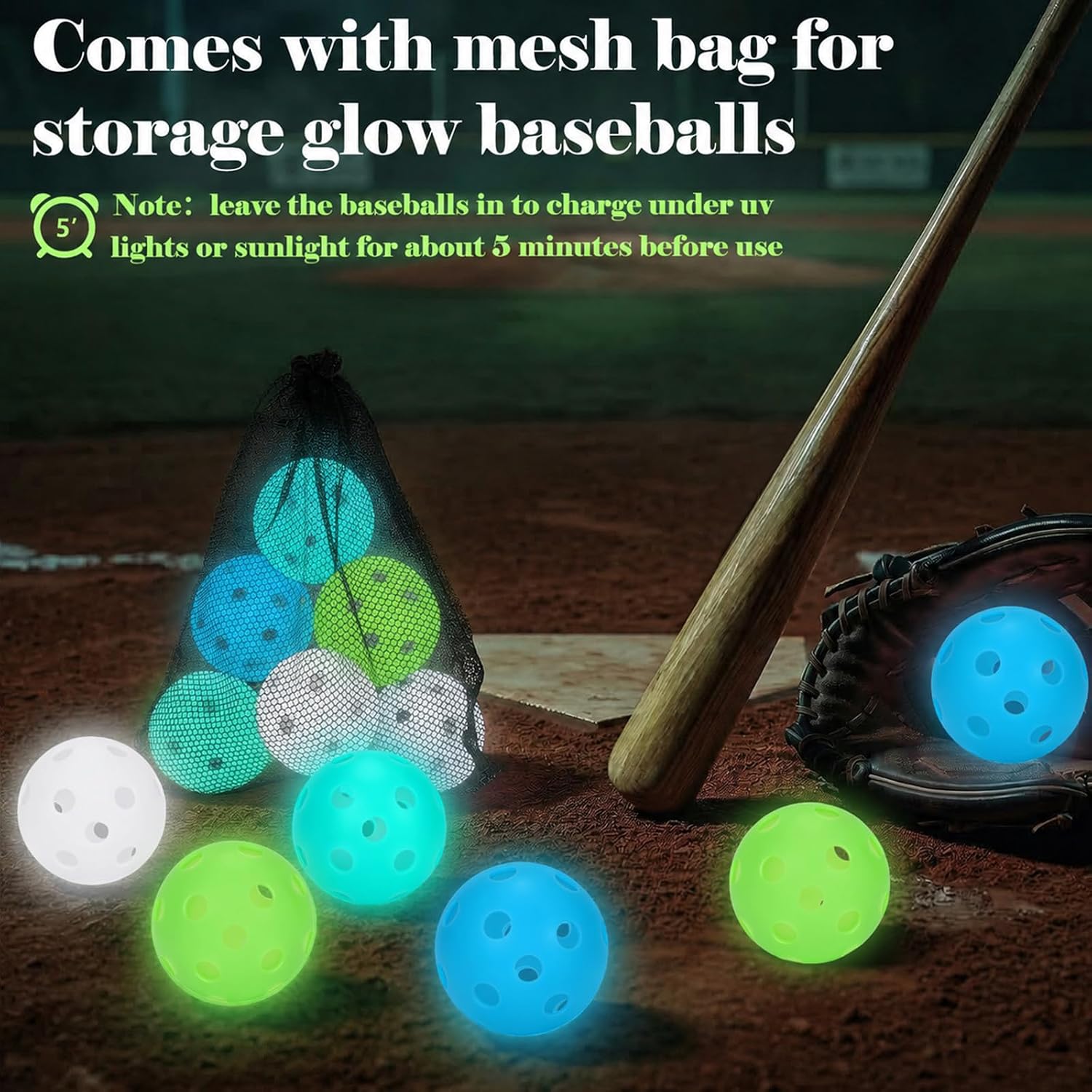 Coopay 4/8/16 Pack Practice Baseballs Glow in The Dark Baseballs Softballs | Glow in The Dark, Practice Baseballs, Plastic balls, Drawstring Bag, Indoor, Outdoor, Night Training, Batting, Hitting, Green