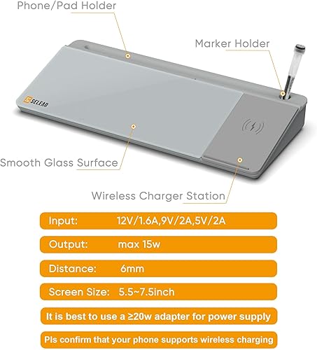 Miniatura 5 de SELEAD Pizarra blanca de cristal de escritorio con estación de carga inalámbrica, pizarra de borrado en seco, soporte para teclado con organizador