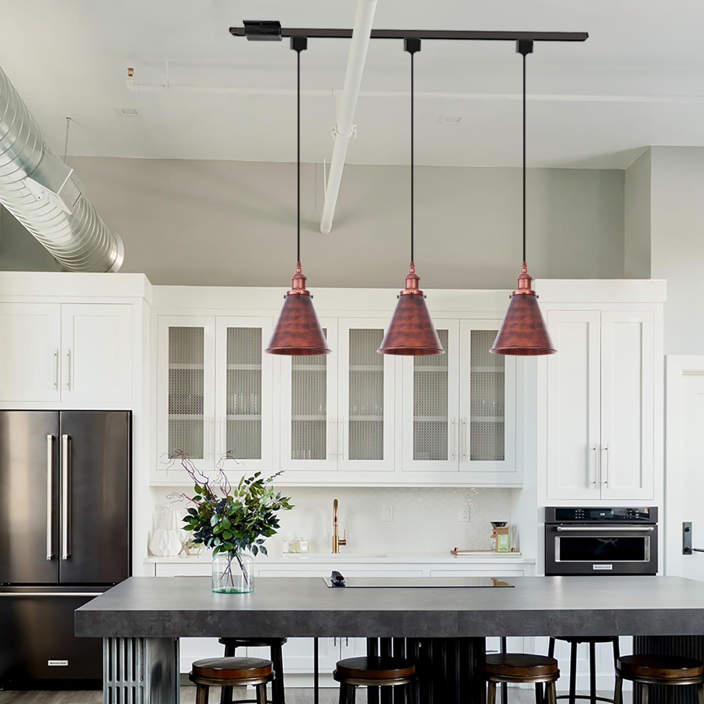 Kiven J-Type Track Lighting, 3-Light Modern Juno Track Pendant Light with Metal Lampshade, J Track Light Pedant for Kitchen Island Home Cafe Bedroom, Cord Length 39.4",Rusty Red
