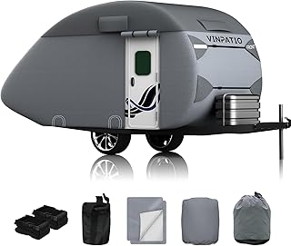 VINPATIO Teardrop Camper Cover, Travel Trailer Cover Fit 12'-15' Trailer, 7 Layers Top Heavy Duty R-Pod Camper Cover with Windproof Strap, RV Cover