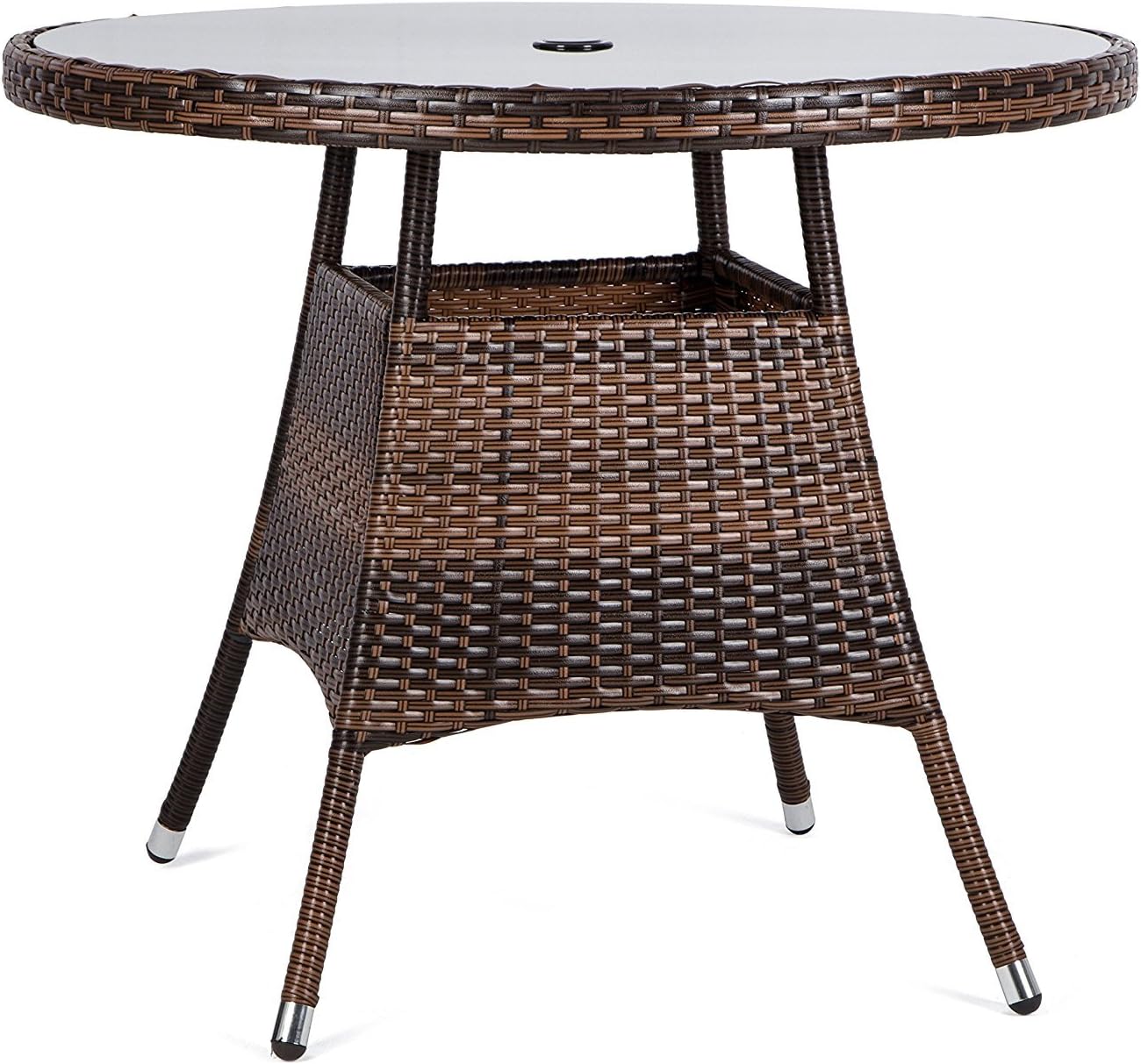 KELIXU Patio Outdoor Wicker Rattan Dining Table Tempered Glass Top Umbrella Stand Table, Chocolate (Round)