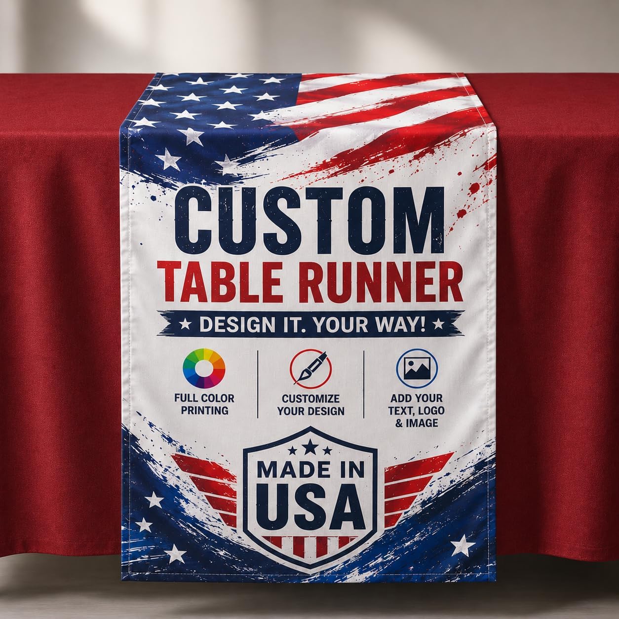 Custom Table Runner Personalized with Logo, Text or Photo, Full Color HD Printing, Premium Polyester Fabric, Machine Washable, Made in USA, for Trade Shows, Vendor Booths, Weddings, Parties & Events