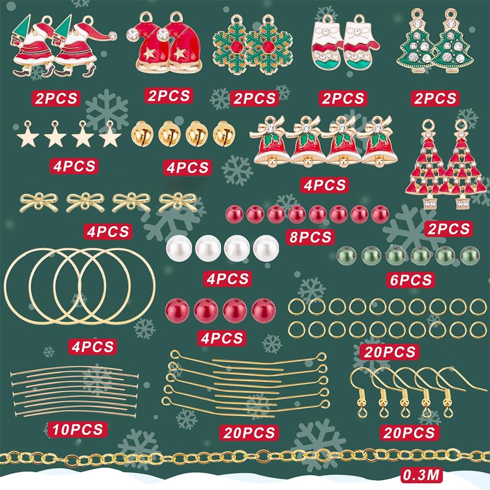 SUNNYCLUE 1 Box DIY 10 Pairs Christmas Enamel Charms Earring Making Kit Jingle Bell Pendants for Jewelry Making Rhinestone Christmas Charms Snowflake Santa Claus Bowknot Jewelry Connectors Adult Women