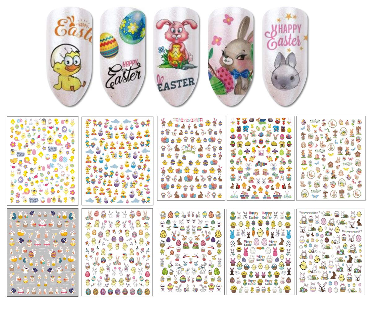 10 Sheets Easter Nail Art Stickers Bunny Nail Decals Nail Supplies Cute Rabbits Hare Easter Egg Chick Flowers Design Self Adhesive 3D Nail Stickers for Acrylic Nail Decorations Easter Party Favors