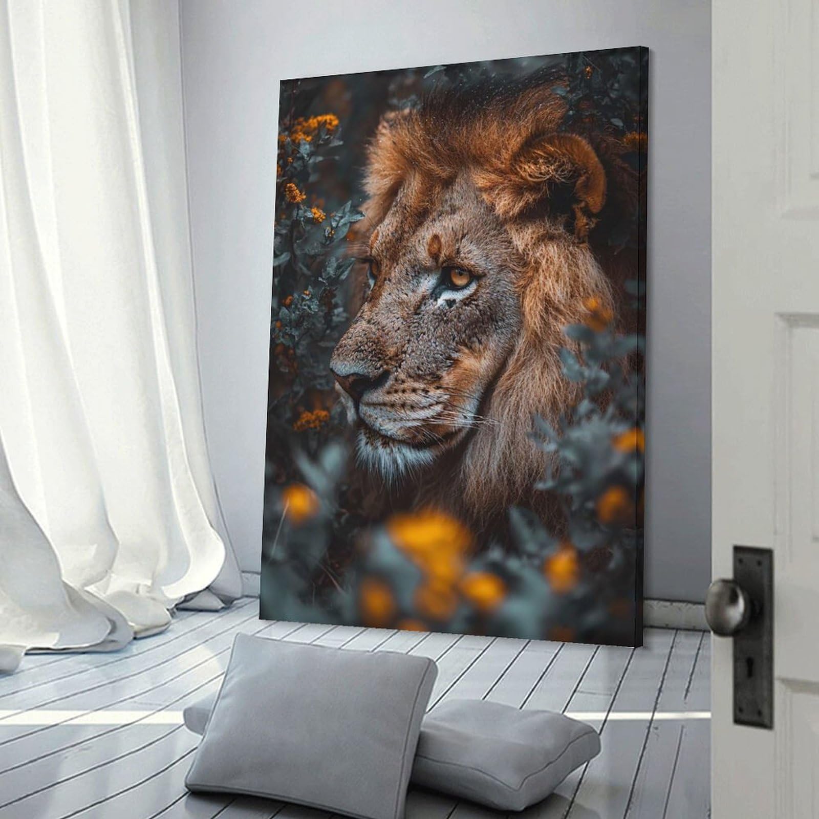 Junmoney Lion Portrait in Floral Setting Canvas Art Print 08x12inch(20x30cm), for Calm Bedrooms, Home Corners Or Flats, An Easy Wall Refresh for Bedrooms