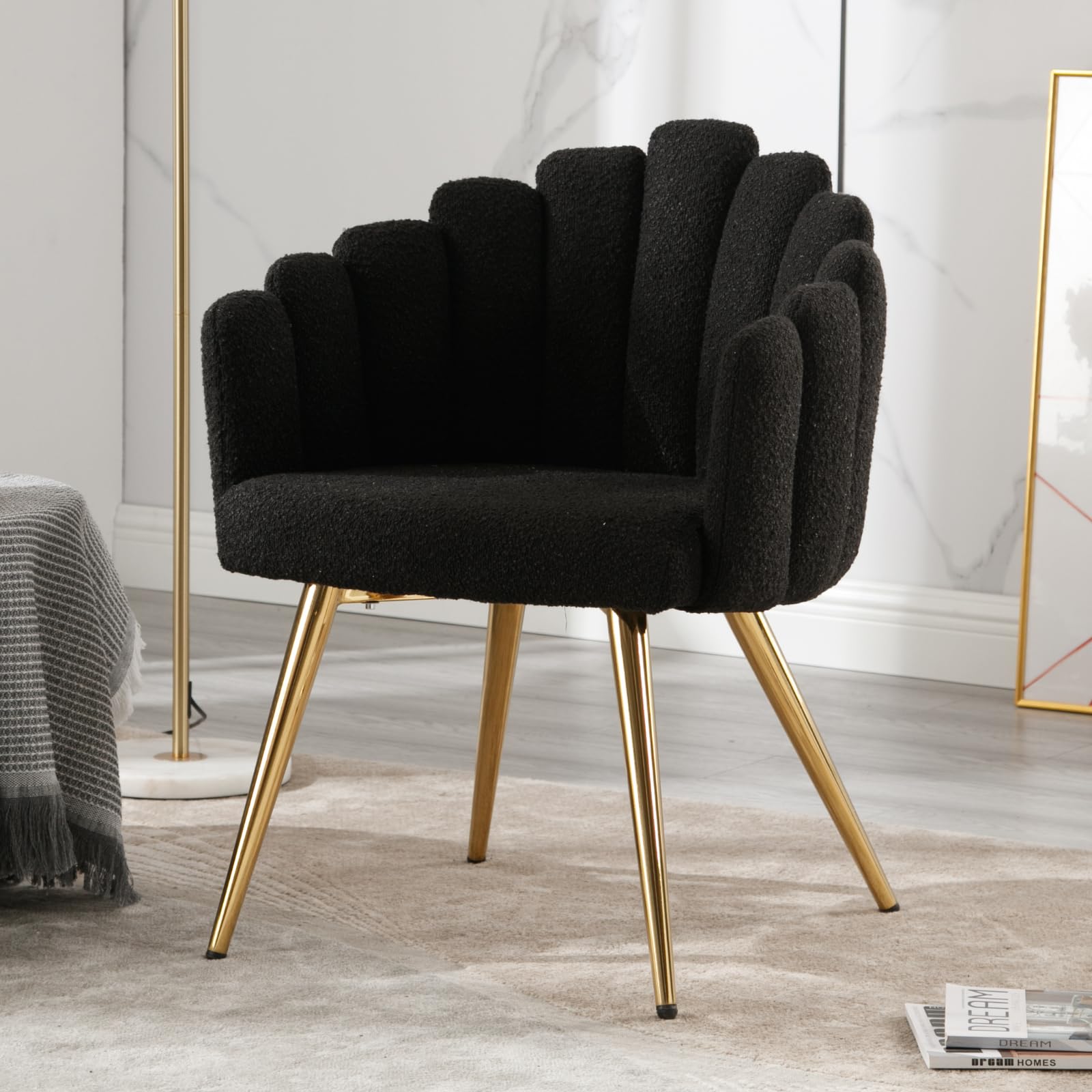 Ya-Home Armchair Faux Fur Soft Padded Lounge Chair with Metal Legs, Modern Vanity Chair for Bedroom/Living Room, Black