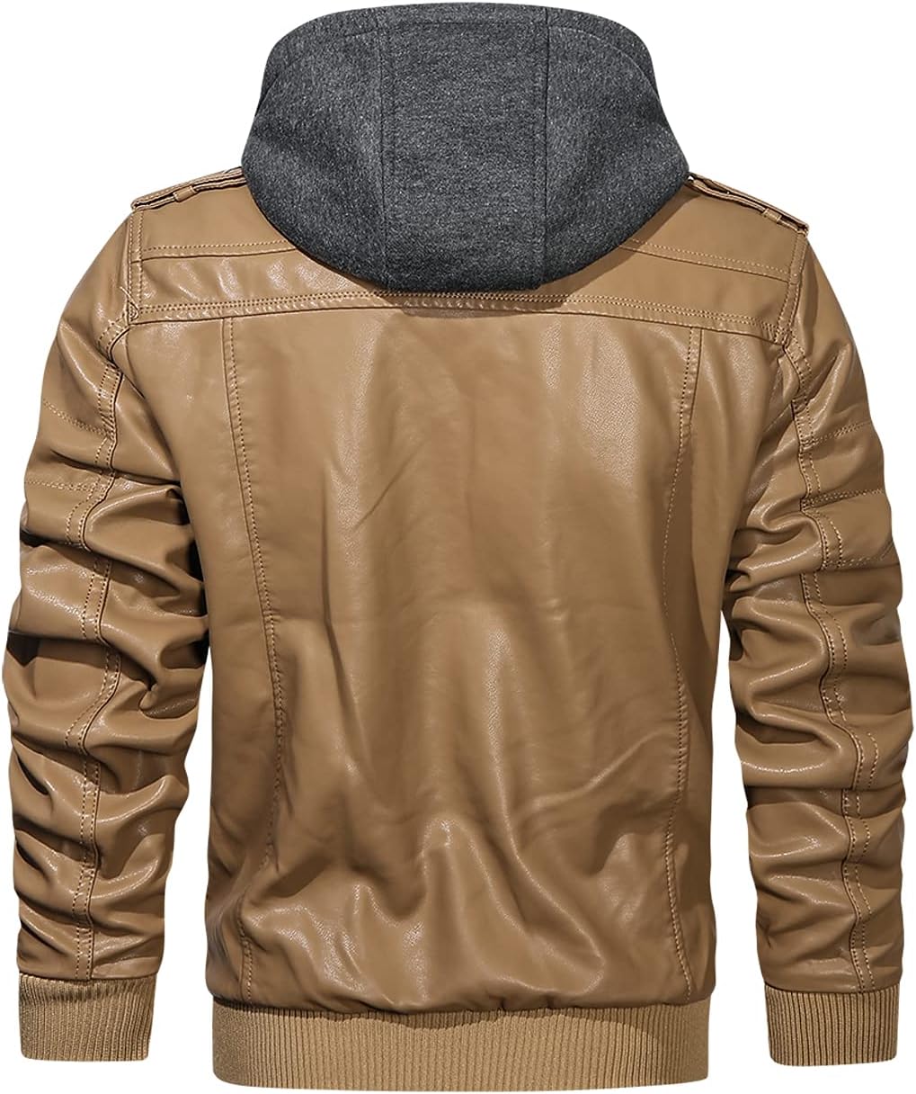 HOOD CREW Men’s Casual Stand Collar PU Faux Leather Zip-Up Motorcycle Bomber Jacket With a Removable Hood - Image 3